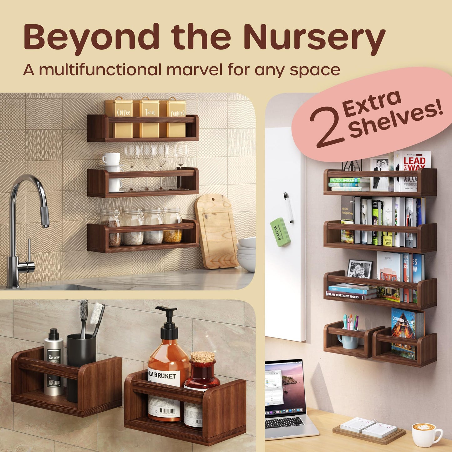 5-in-1 Floating Nursery Book Shelves for Wall (3 Long + 2 Mini) Solid Pine Wood Nursery Shelves, Wall Bookshelf for Kids Room, Toys & Books Display, Baby Shelf (Walnut)