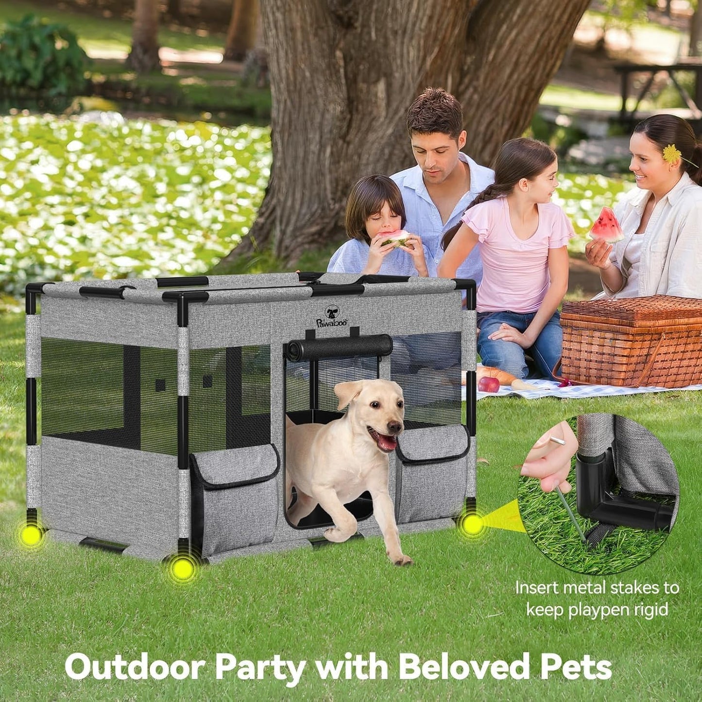 Cat Dog Playpen, 91x61x61cm Portable Puppy Playpen Dog Play Pen Indoors with Cover and Gate, Tear Resistant Thickened Fabric Waterproof Bottom Breathable Mesh Dog Fence for Indoor Outdoor, Grey