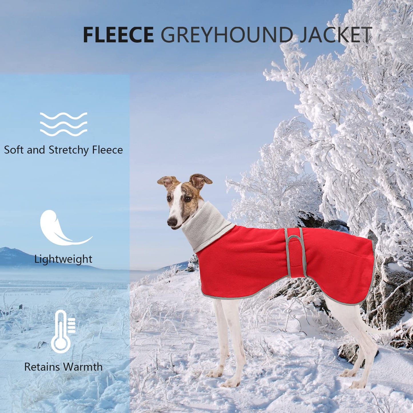 Greyhound Cosy Fleece Jumper, Dog Winter Coat with Warm Fleece Lining, Outdoor Dog Apparel with Adjustable Bands for Medium, Large Dog -Red-XXL
