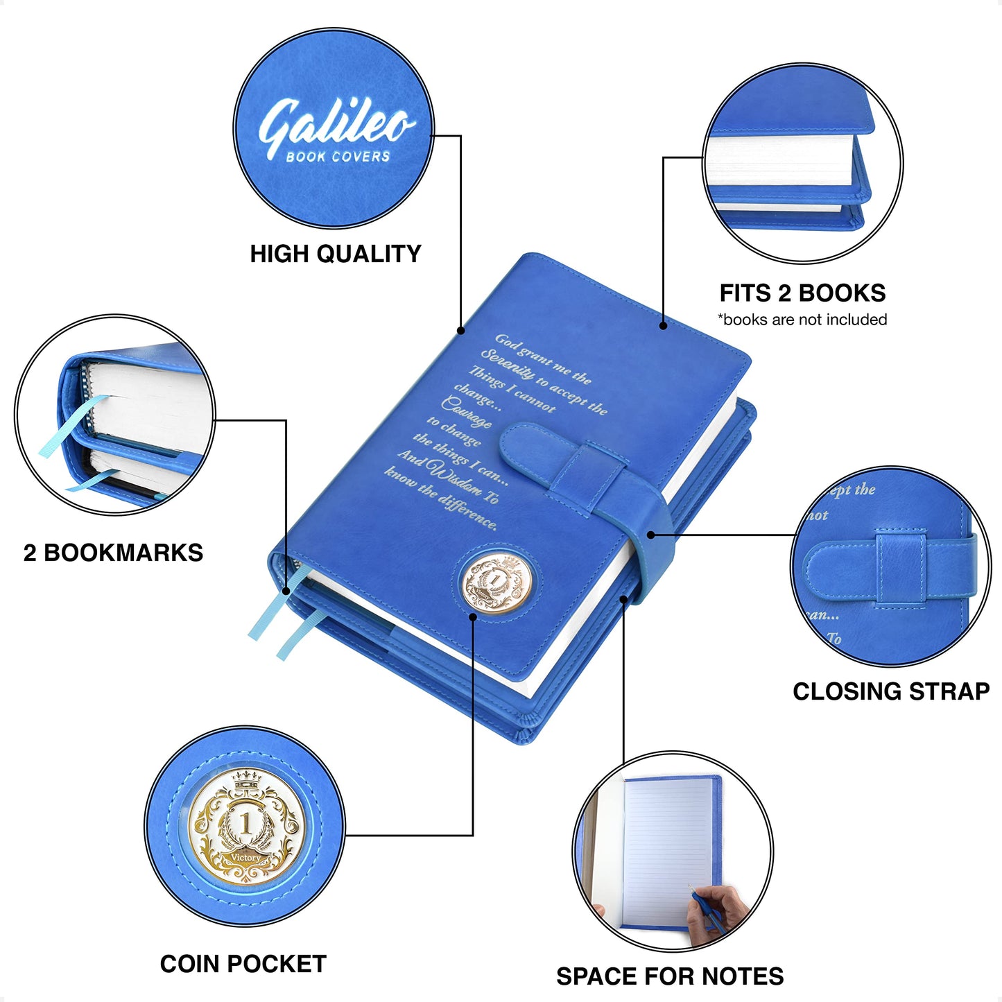 Double AA Big Book Cover & 12 Steps & 12 Traditions | by Galileo | AA Gift | Alcoholics Anonymous (Prayer/Coin Pocket/Sky Blue)