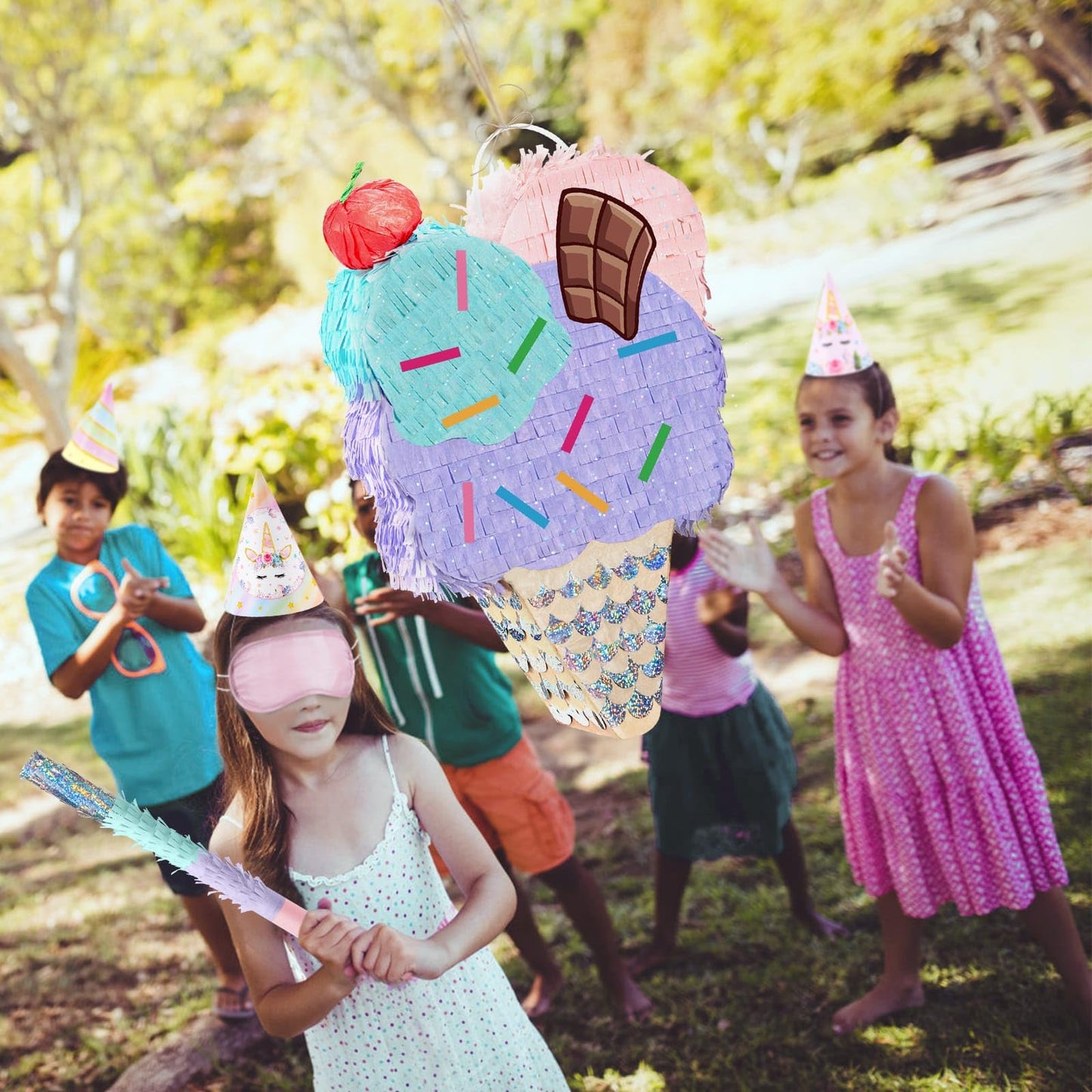 WERNNSAI Ice Cream Pinata - Sweet birthday Pinata with Blindfold and Stick for Summer Ice Cream Birthday Party Decoration Supplies Baby Shower Celebration Supplies