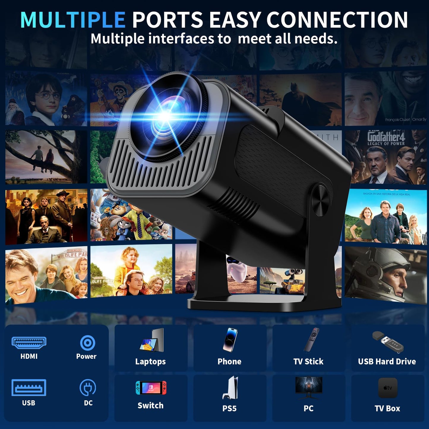 【Built-in Apps】Mini Projector 1080P Full HD, 4K Projector with 180° Rotation, Portable Projector WiFi 6&Bluetooth 5.2 Support, Featuring Auto Keystone Correction, HDMI/USB Connectivity Black