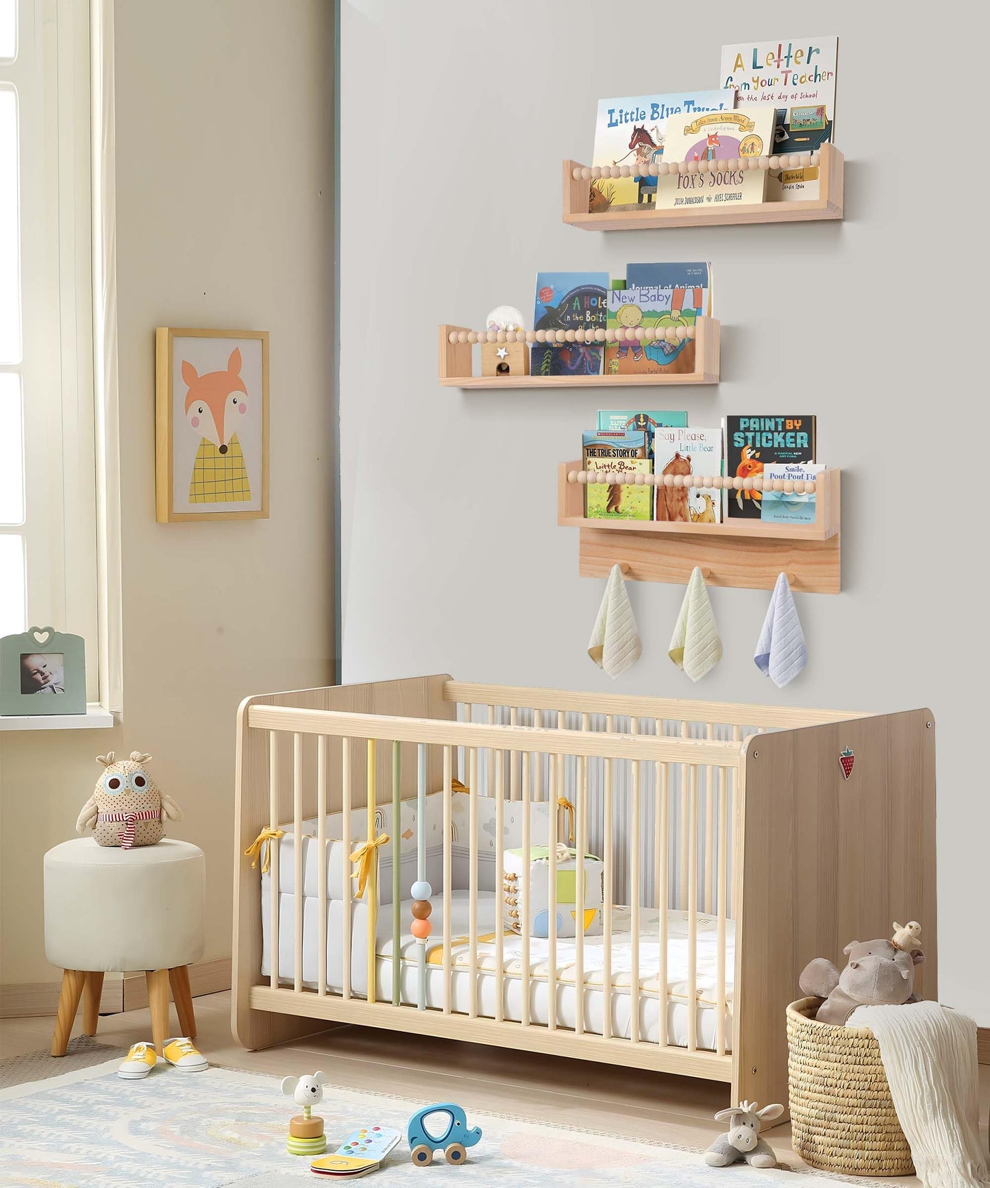 BIROLA Nursery Book Shelves with Beads Set of 3,Nursery Shelves for Bookshelf Wall,Wall Bookshelves for Kids，Bathroom Decor, Kitchen Spice Rack (Natural)