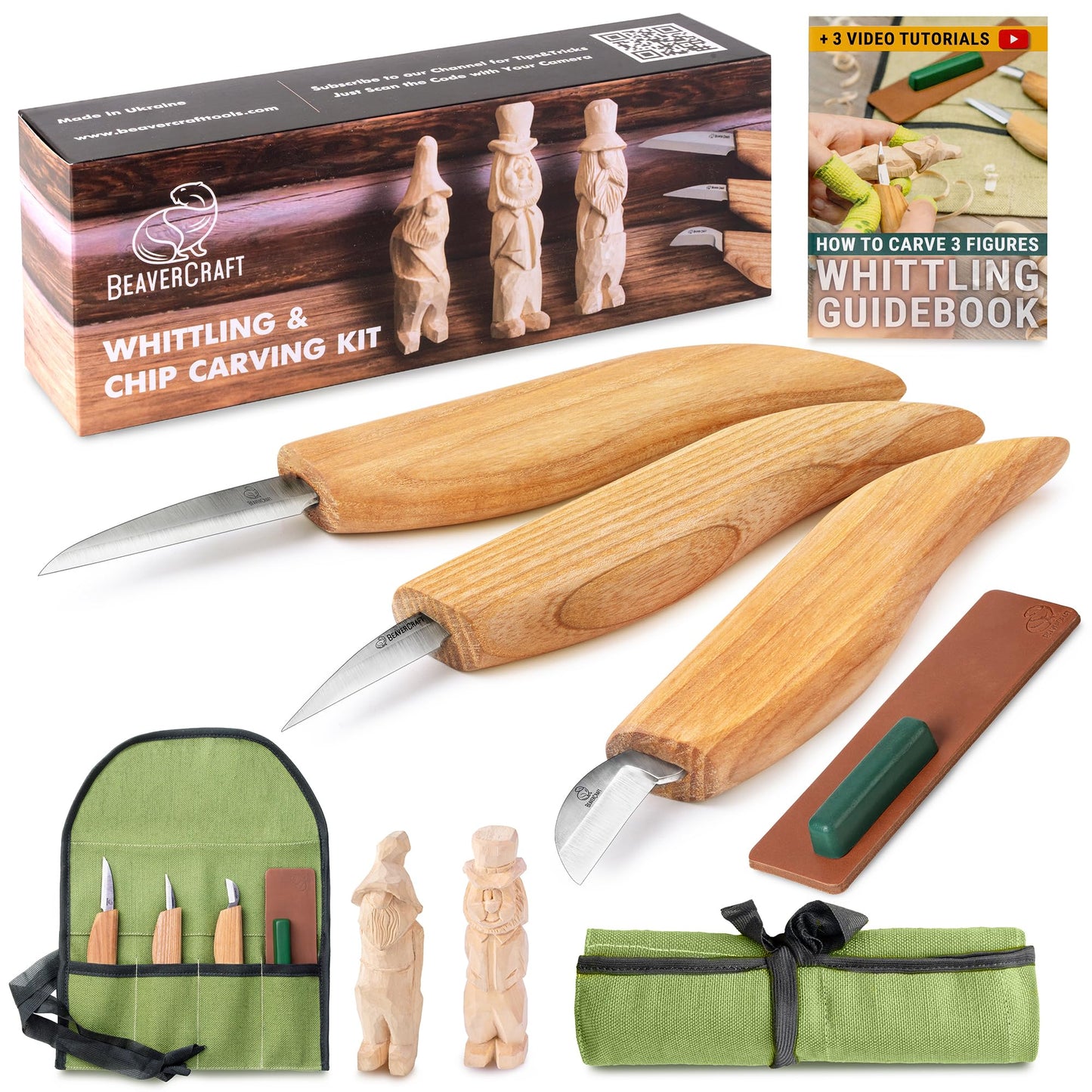 BeaverCraft Wood Carving Knife Kit for Beginners & Kids S15 – Whittling Knives Set with Sloyd, Chip Knife for Carvers – Wood Whittling Kit Includes Carving Tools, Leather Strop, Polishing Compound