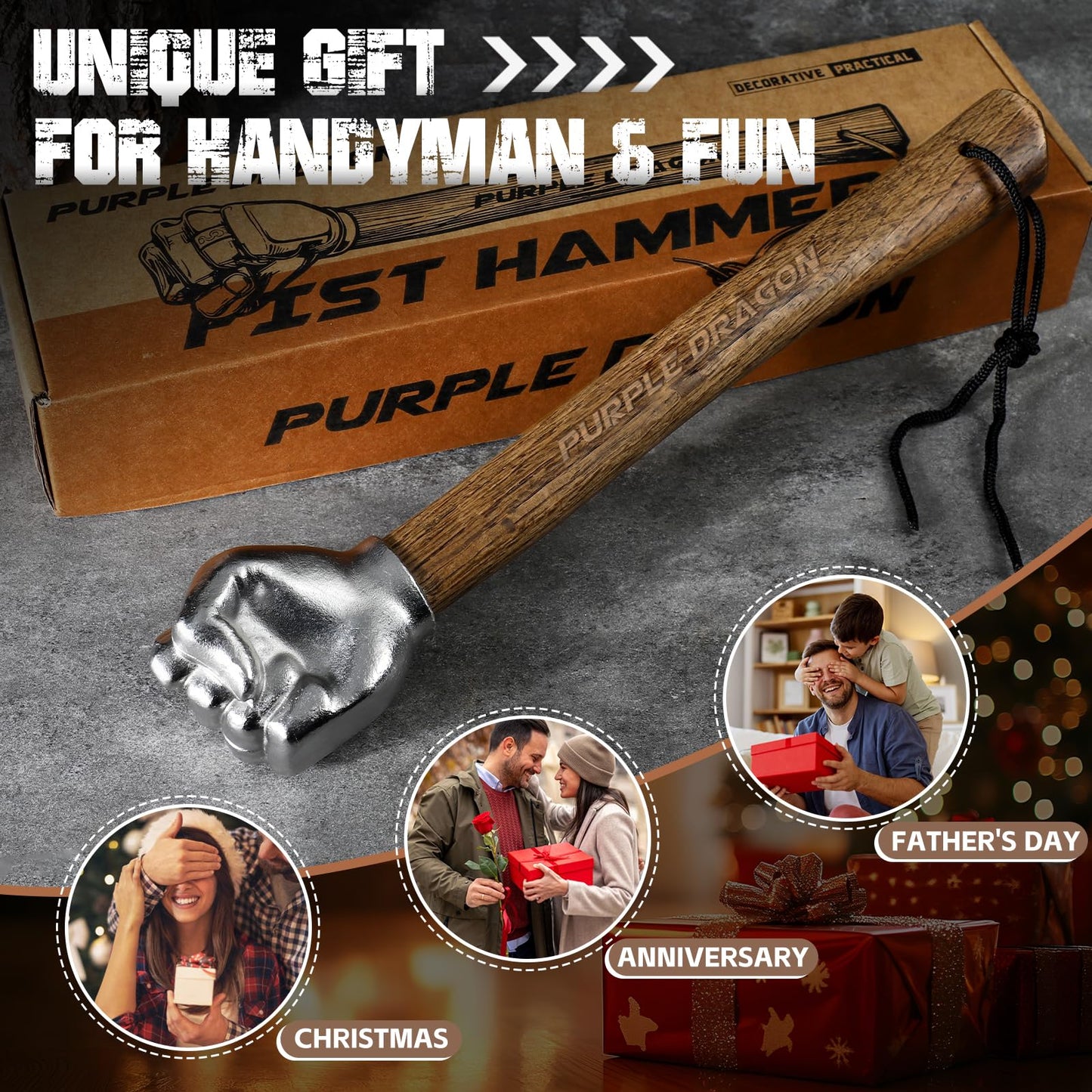Purple Dragon Fist Hammer 2 lbs, Sledge Hammer Fist Shaped Stainless Steel, Ball Peen Hammers with Wooden Handle, Multi-Purpose Tool for DIY Crafting, Outdoor Camping, Home/Office Decor, Gifts for Men