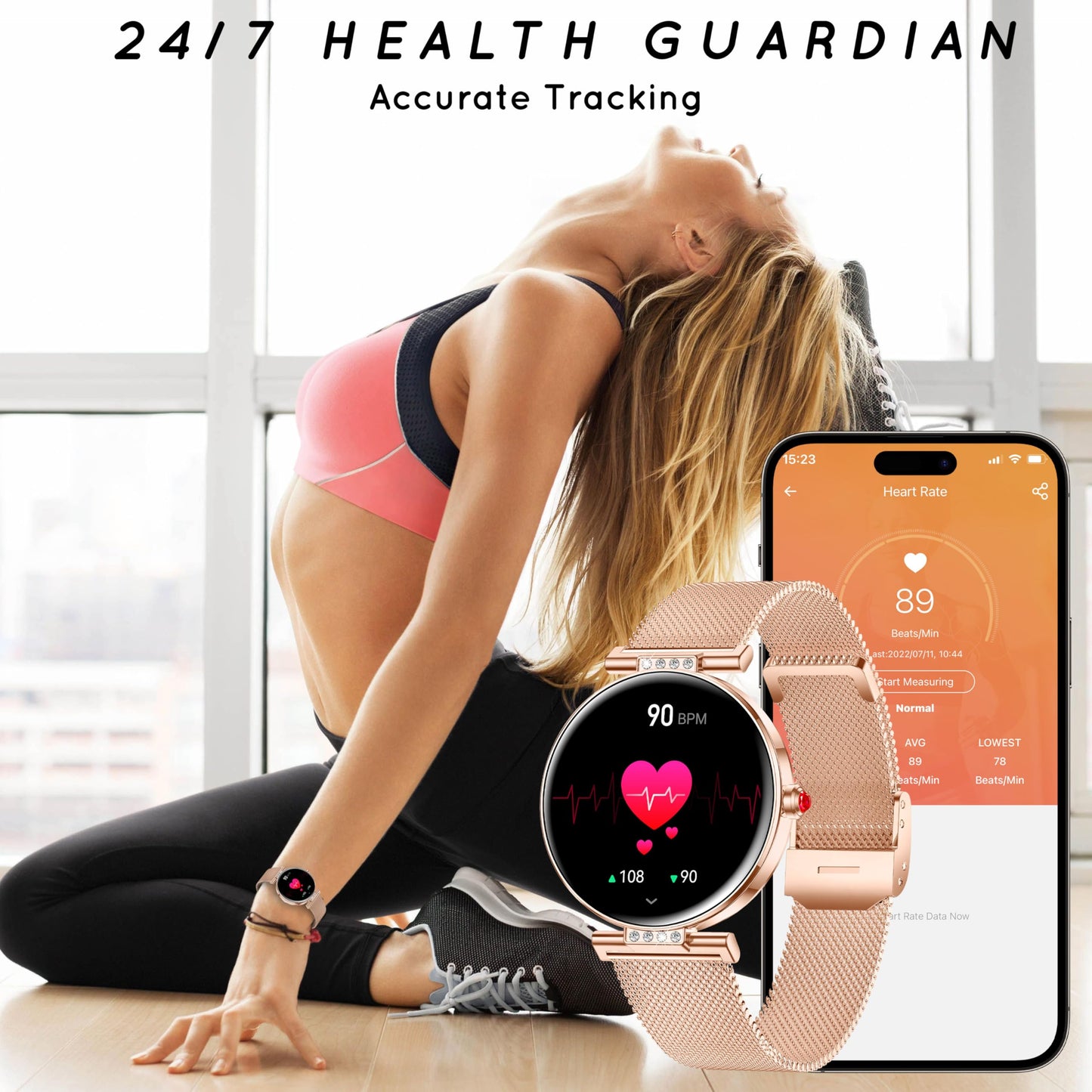 Smart Watch for Women 1.19” HD AMOLED Touchscreen Small Fitness Smartwatch with Bluetooth Call/DIY Dial/Heart Rate/Sleep Monitor, 120+ Sports Mode IP68 Waterproof for Android/iOS, Rose Gold 38MM