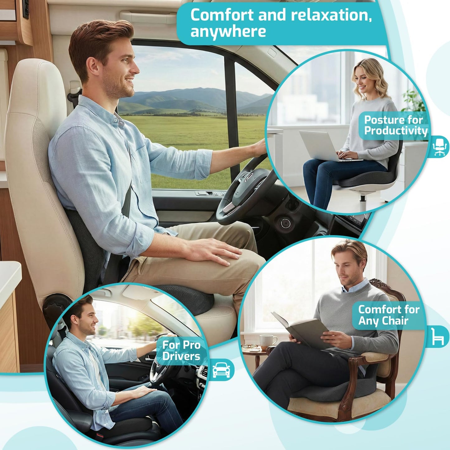 Memory Foam Seat Cushion with Lower Lumbar Support - 3-Inch Car Booster for Shorter Drivers & Ergonomic Orthopedic Cushion Back & Sciatica Pain Relief for Truck RV Office Chair (Black WE)