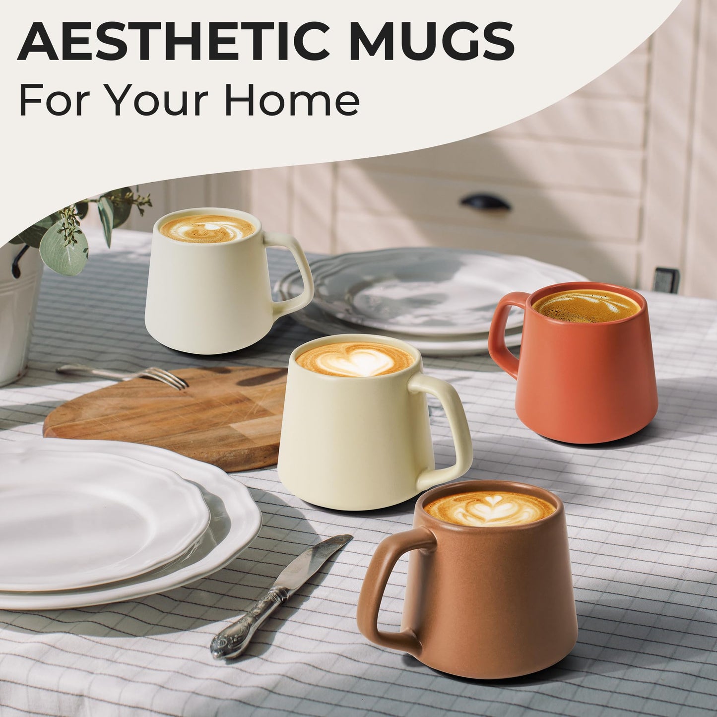 MIAMIO - Coffee Mugs Set of 4 / Large Ceramic Coffee Cups (420 ml) - Mug for Cappuccino, Tea, Espresso - Microwave and Dishwasher Safe - Luxe Collection (Beige Pastel)