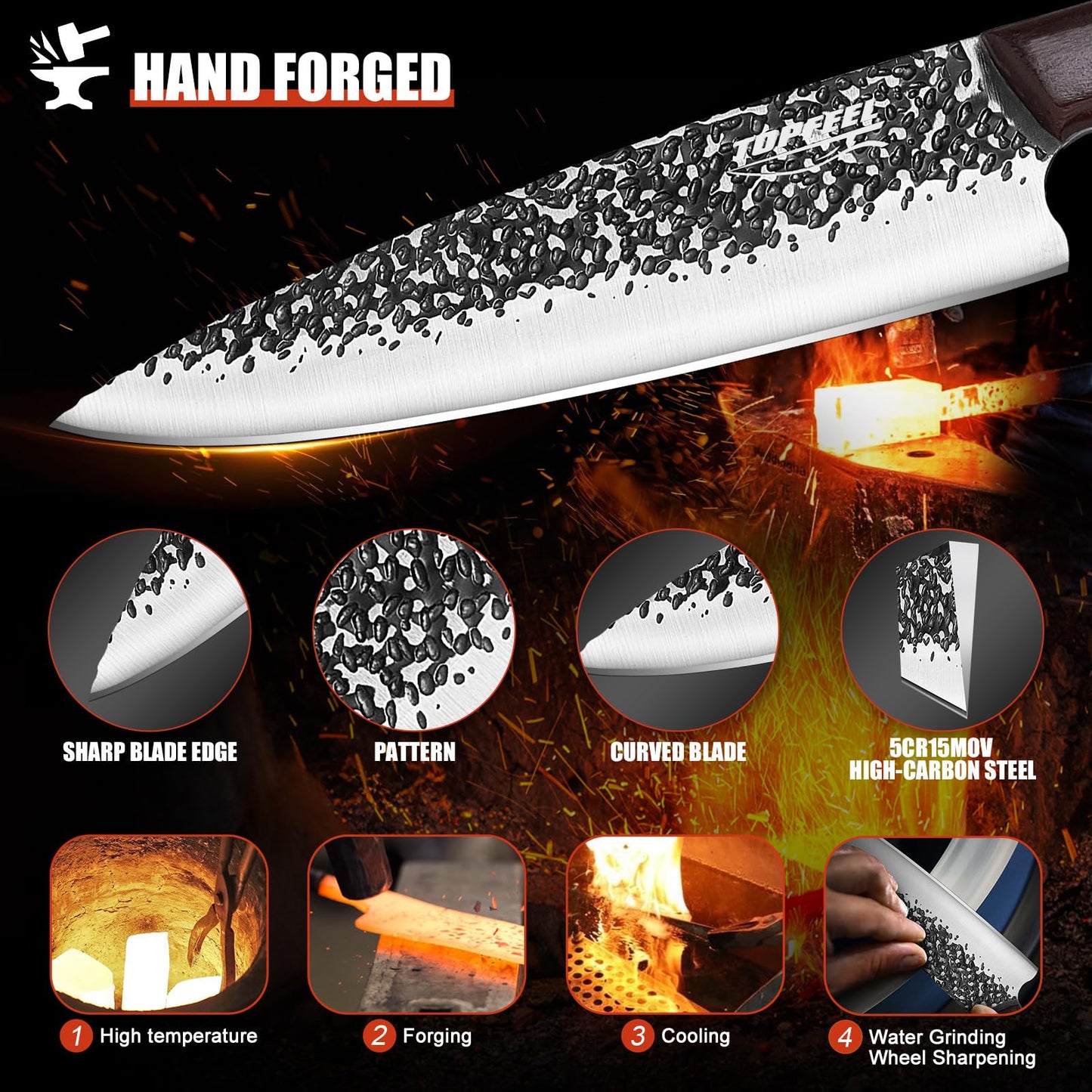 Topfeel Chef Knife 3PCS, High Carbon Hand Forged Stainless Steel Japanese Knife Sets, Ultra Sharp Professional Kitchen Knife Sets with Wood Ergonomic Handle