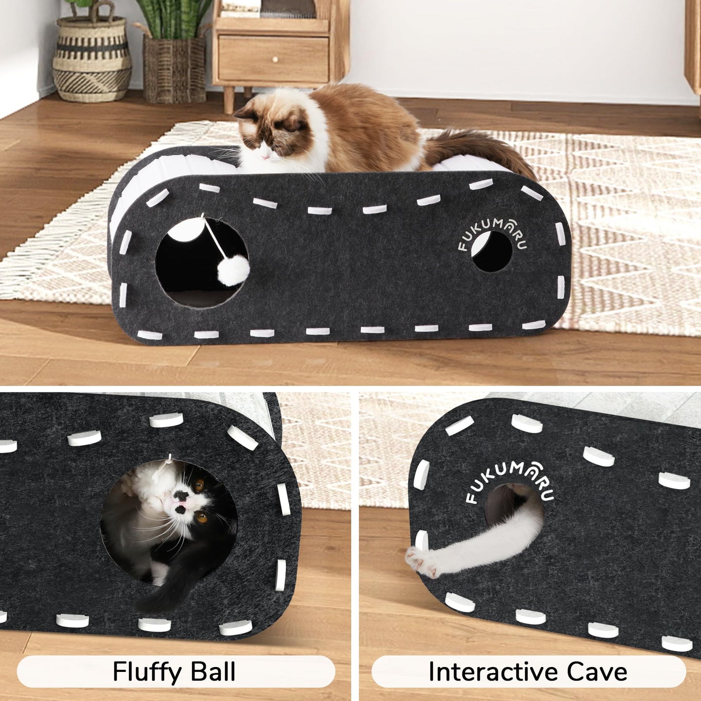 FUKUMARU Cat Beds for Indoor Cats, Large Cat Cave for Multi-Pet Up to 22Lbs, Foldable Cat House with Fluffy Ball Hanging, Scratch Resistant Felt Cat Hideaway, 31.5x11.2x11.6 inches, Black and White