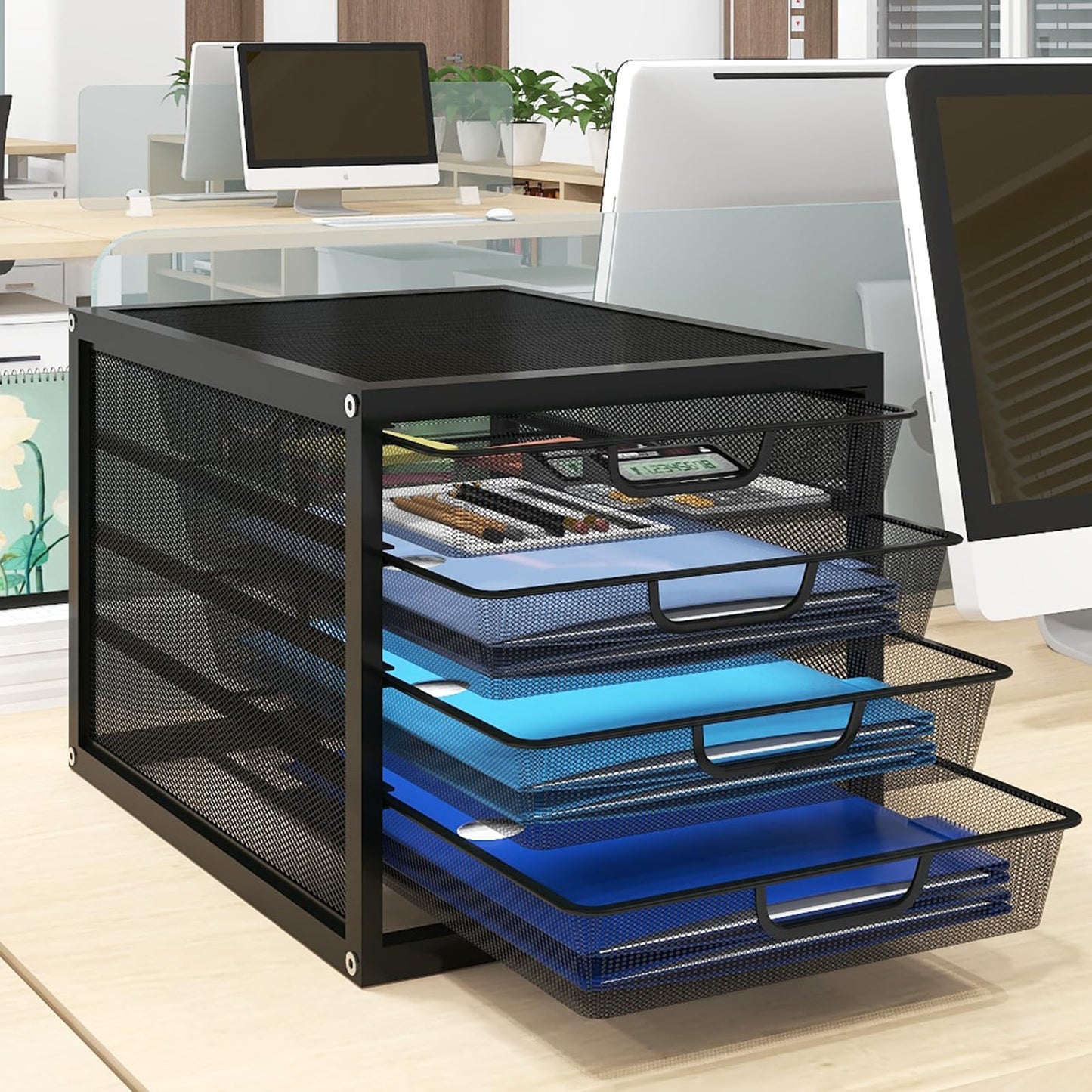 Natwind Mesh Desk Organizer with 4 Tier Sliding Drawers, Paper Sorter, Multi-Functional Home Office Supplies Storage Tray for Letters, Documents, Books, Mail, Files, Arts & Crafts Supplies - Black