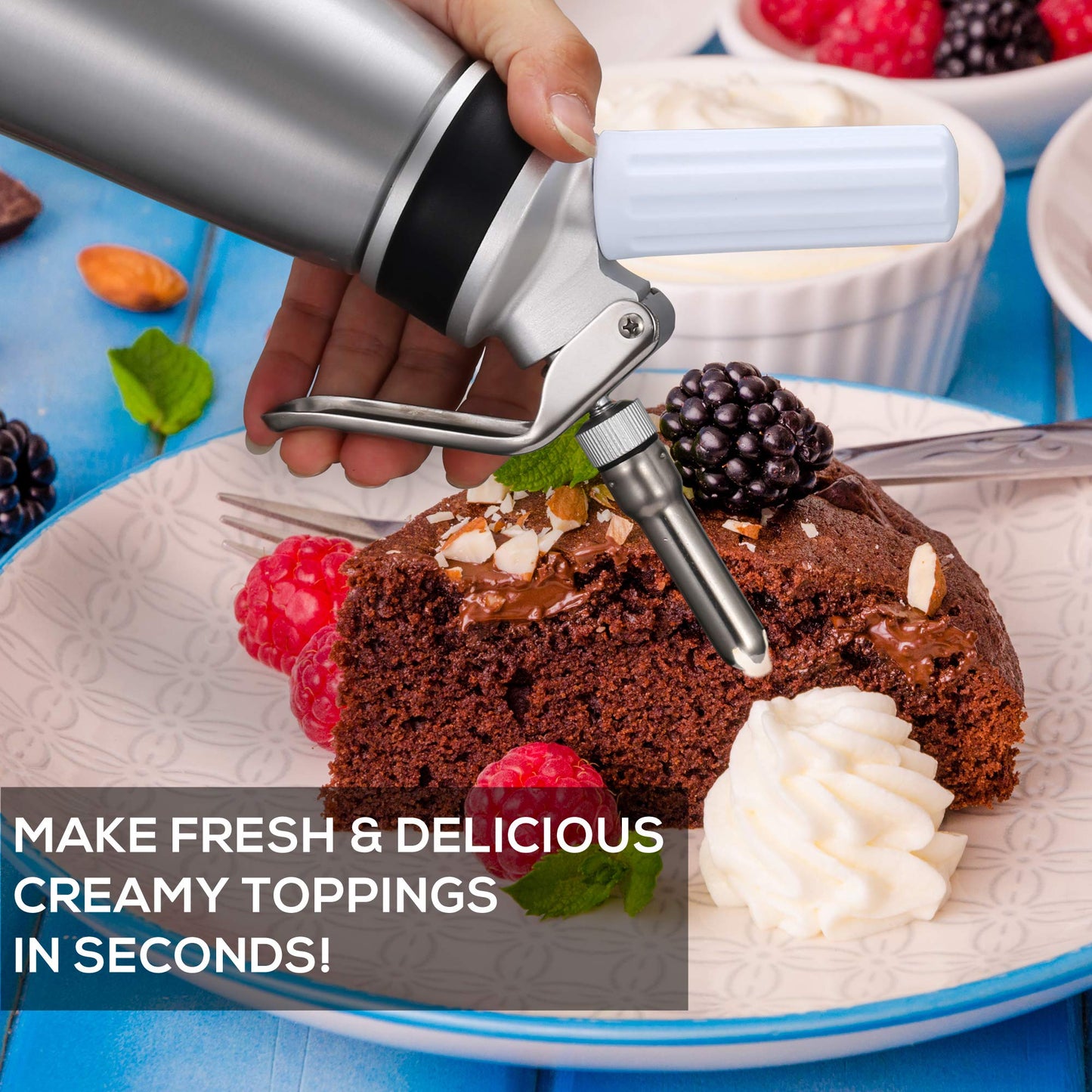 OCTANDRA Professional Whipped Cream Dispenser – 1 Pint Aluminum Cream Whipper Canister - Whipping Siphon - Whip Cream Maker with 3 Stainless Steel Tips, 2 Charger Holders, Brush & Storage Cap