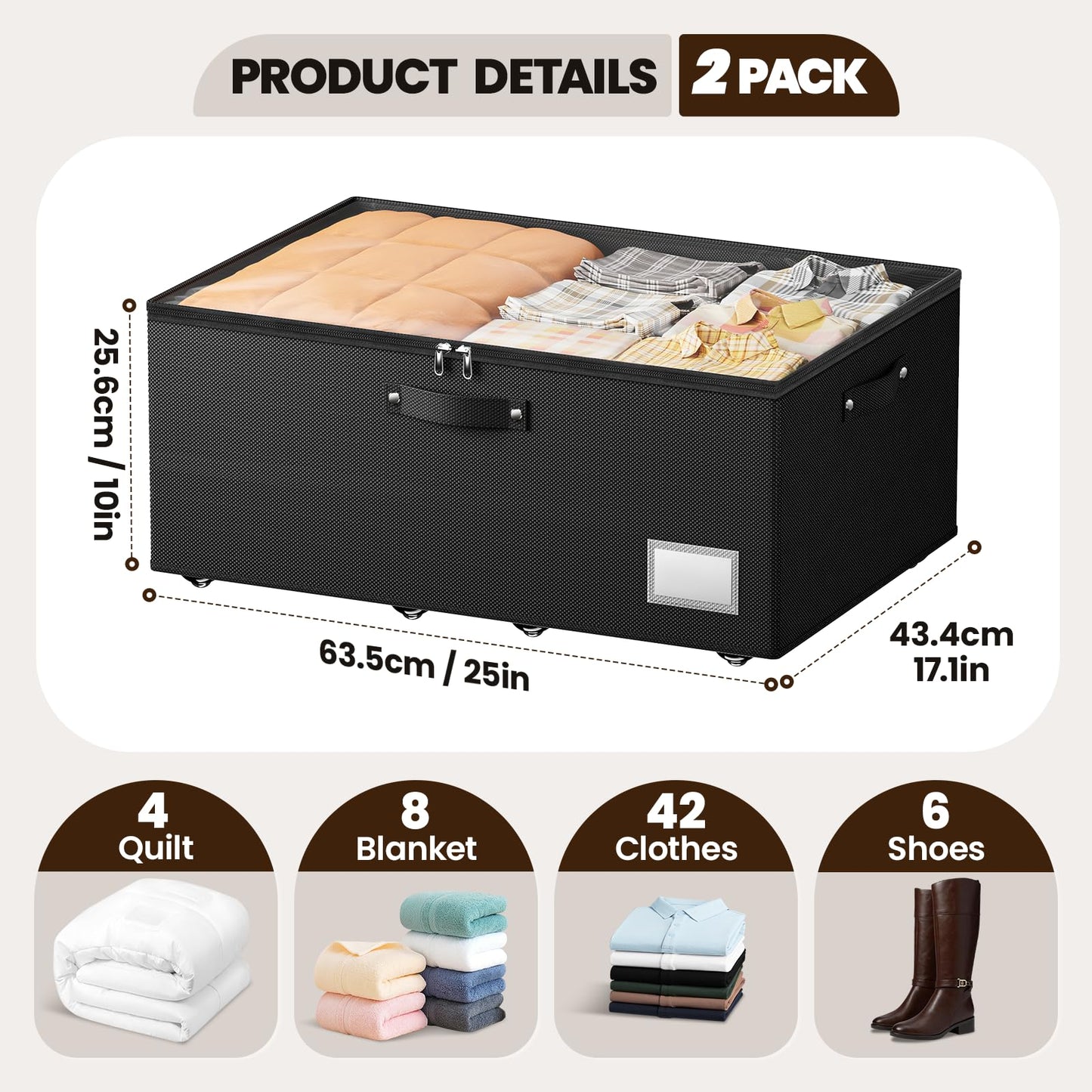 Dayacoco Under Bed Storage with Wheels, 2 Pack Under Bed Storage Containers with Clear Lids, 10 inch Rolling Under Bed Metal Drawer for Clothes, Shoes, Toys, Books, Blankets (Black)