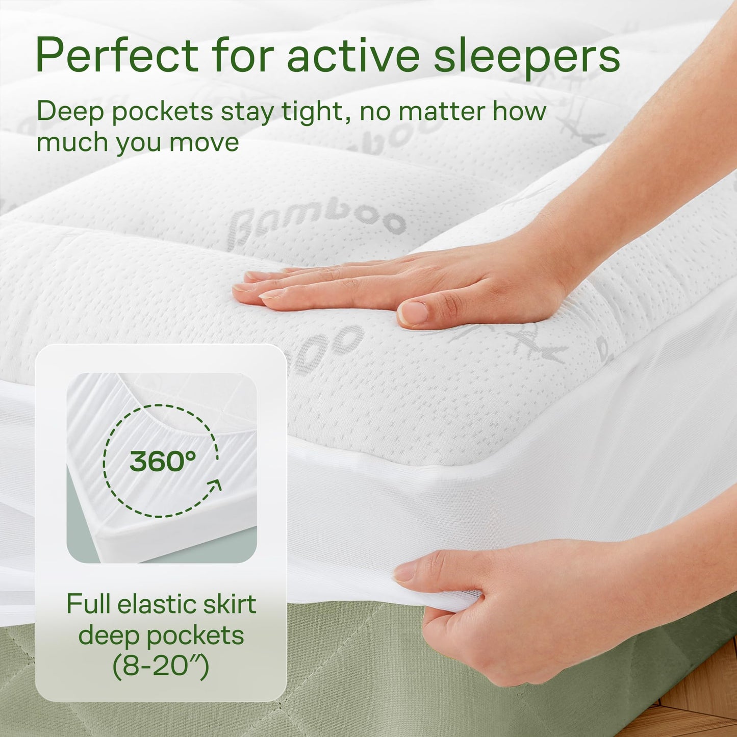 Bamboo Mattress Topper Queen Size - Thick Cooling Breathable Pillow Top Mattress Pad for Back Pain Relief - Deep Pocket Topper Fits 8-20 Inches (60x80 Inches, White)