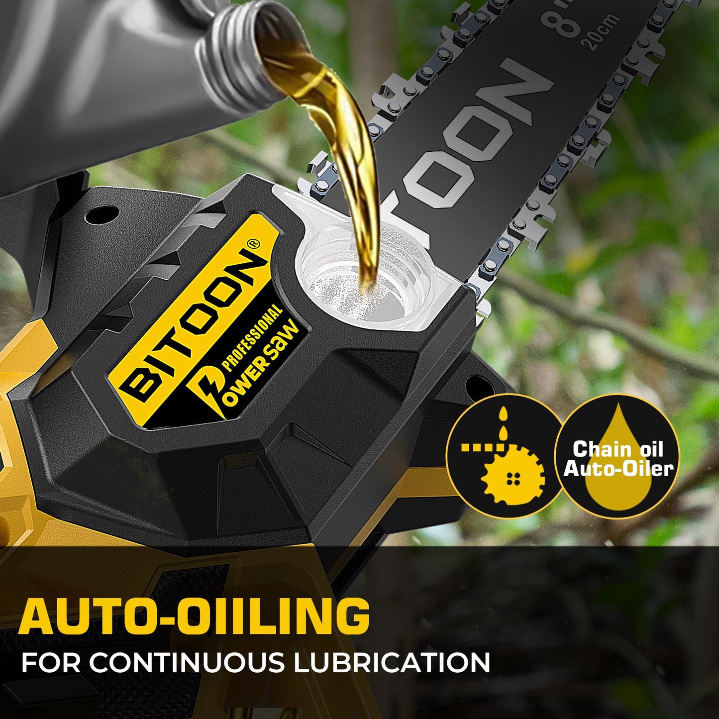 BITOON 8-Inch Mini Chainsaw with 2PCS 3.0Ah Battery and Charger, Auto-Oiler, Brushless Cordless 8-Inch and 6-Inch 2-in-1 Pruning Chain Saw, Portable Electric Chainsaw for Cutting Wood, Branches Yellow