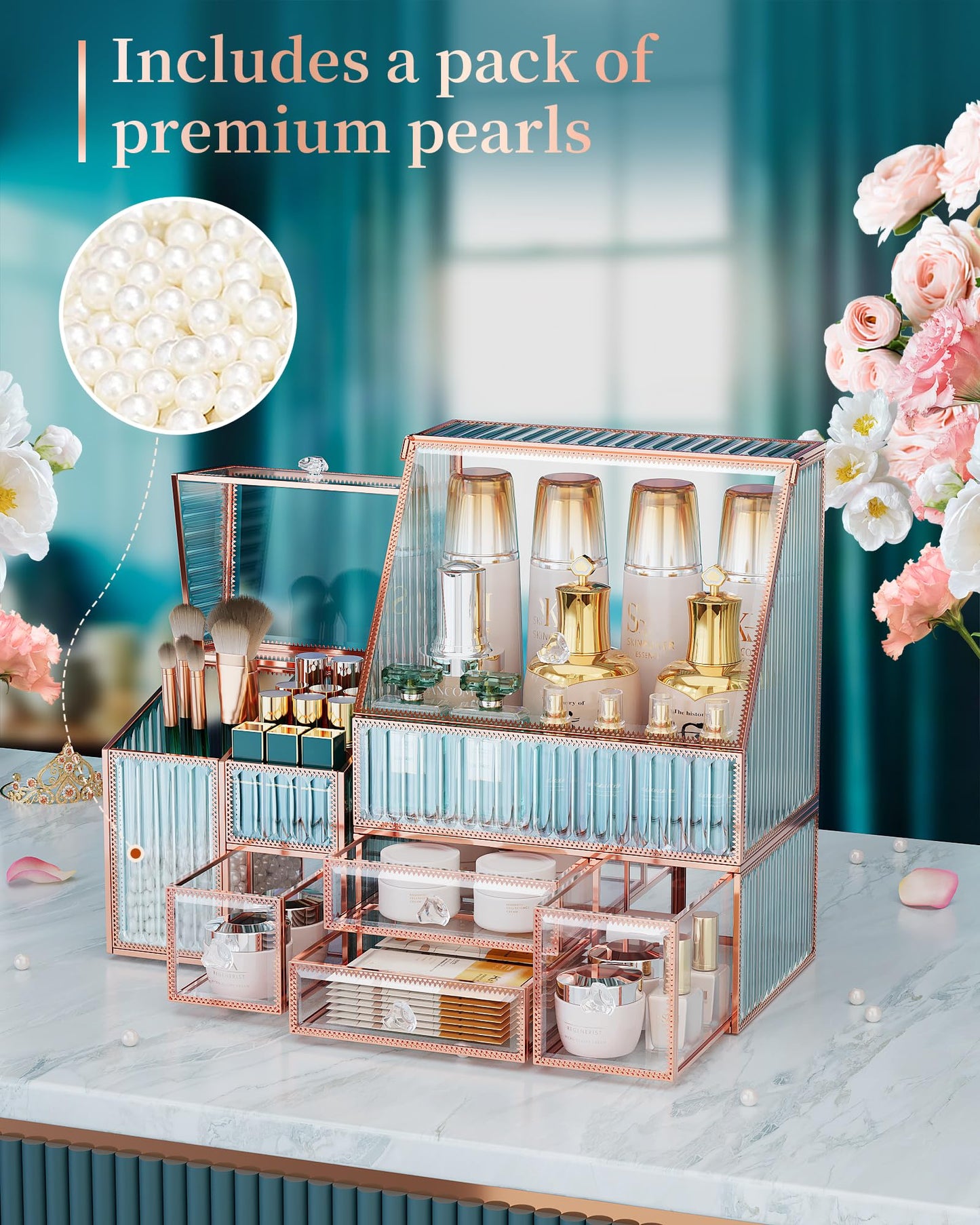 Youdepot Tempered Glass Makeup Organizer Countertop - Multi-Functional 3-in-1 Cosmetic Organizer for Skincare, Lipstick, Brushes - Vanity Organizer & Bathroom Organizer and Skincare Organizer.