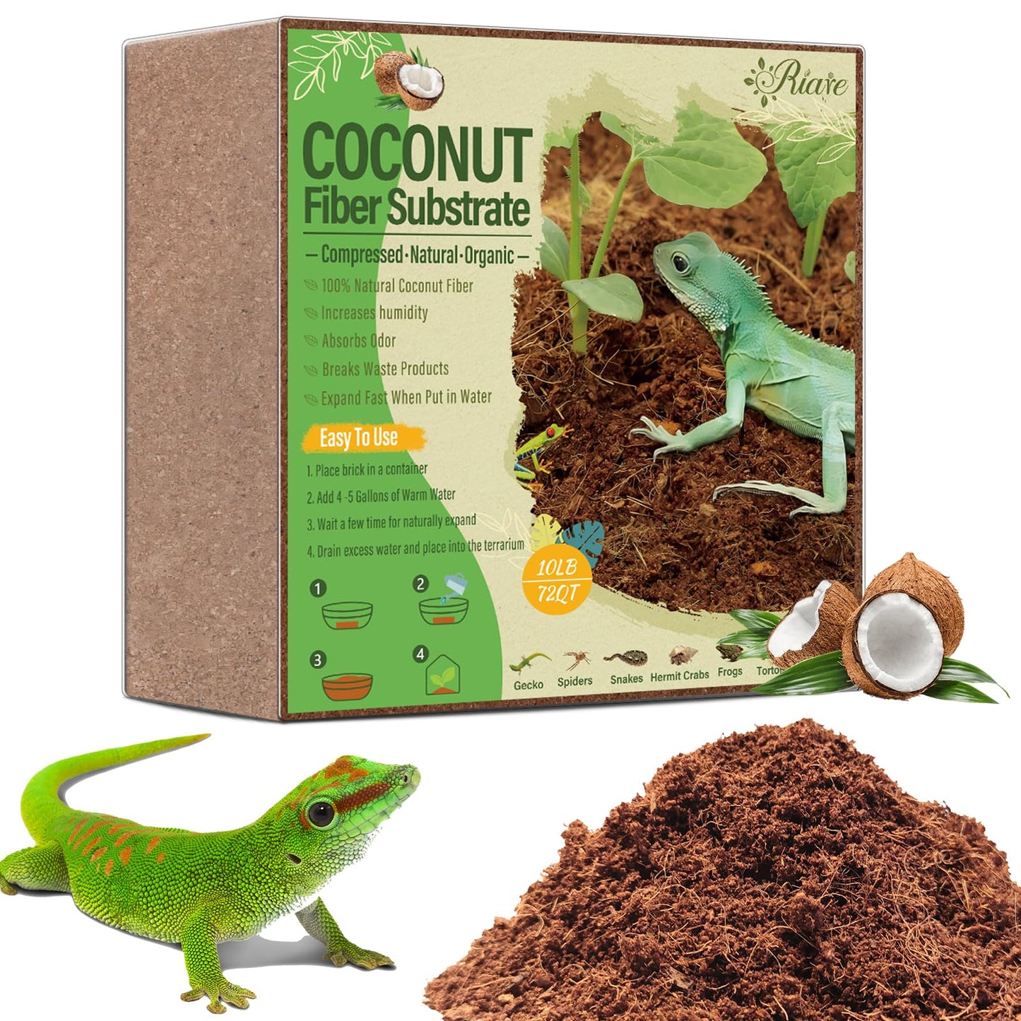 Riare 10 LBS Natural Coconut Fiber Substrate for Reptile- Premium Compressed Coconut Husk Terrarium Bedding for Reptile, Tortoise, Frogs, Snakes, Hermit Crabs, Burrowing Animals