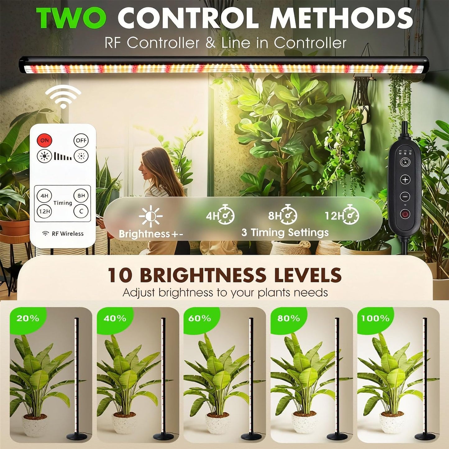145CM Grow Lights for Indoor Plants: 36W, 6000K, 280 LEDs Full Spectrum Plant Light for Seed Starting with Timer and 10 Level Dimmable Standing Plant Growing Lamp for Greenhouse with Hanging Accessory