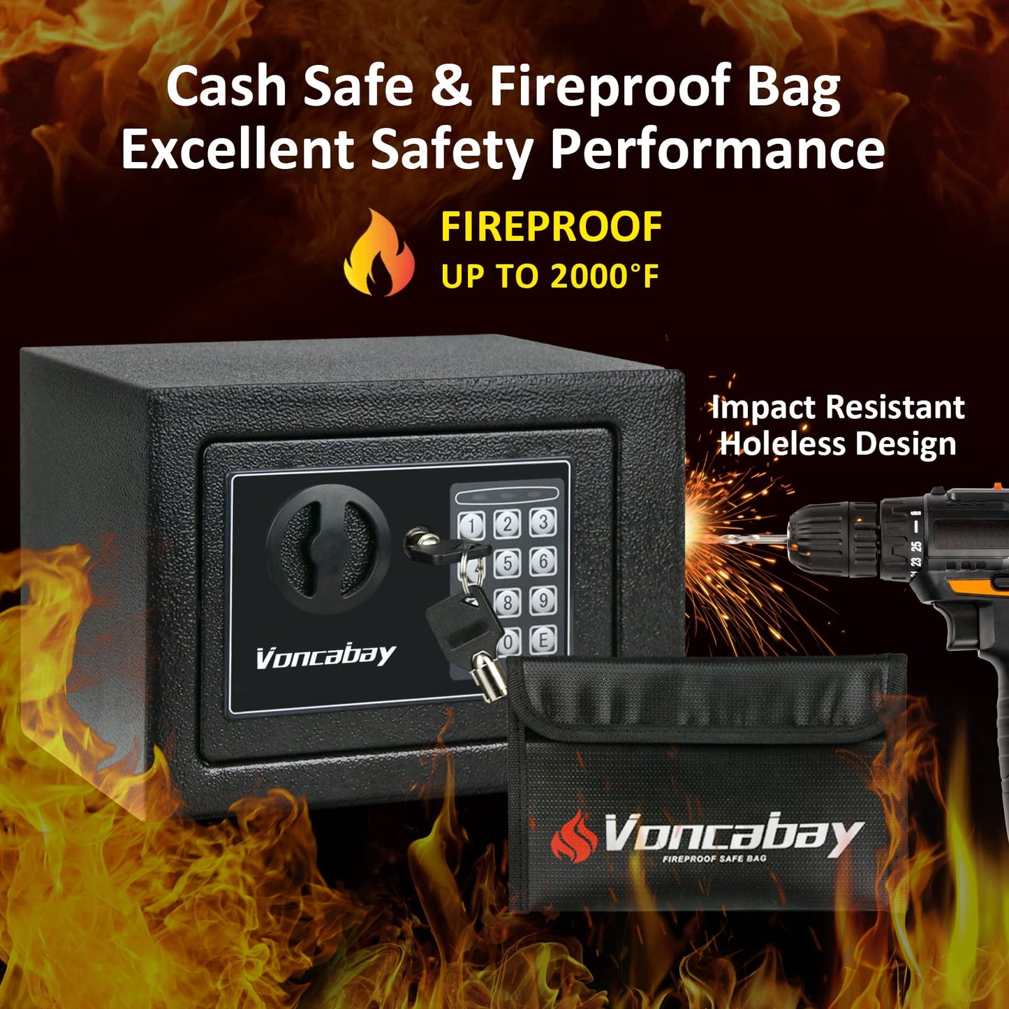 Voncabay Money Safe Box for Home with Sensor Light & Fireproof Money Bag for Cash Safe, Security Safe Box for Money Safe with Keys & Pass Code, Lock Box Fireproof Safe with Digital Keypad