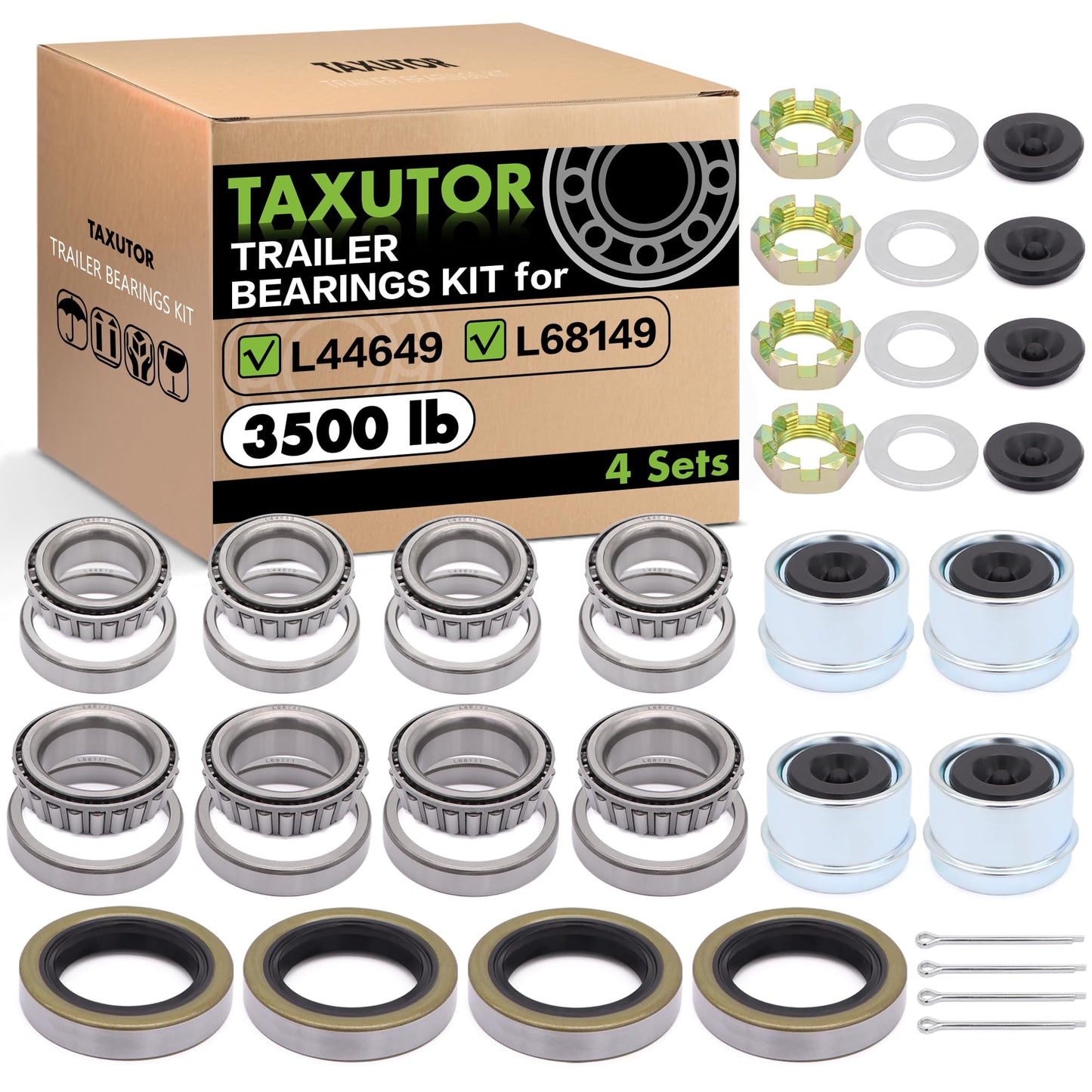 4 Sets L68149 L44649 Boat Trailer Axle Hub Bearing Kit, 171255TB/10-19 Grease Seals, 171255TB/10-19 Grease Seals, Spindle Nuts, 1.98" Dust Covers and Rubber Plugs, Cotter Pins,Washers for #84 Spindle