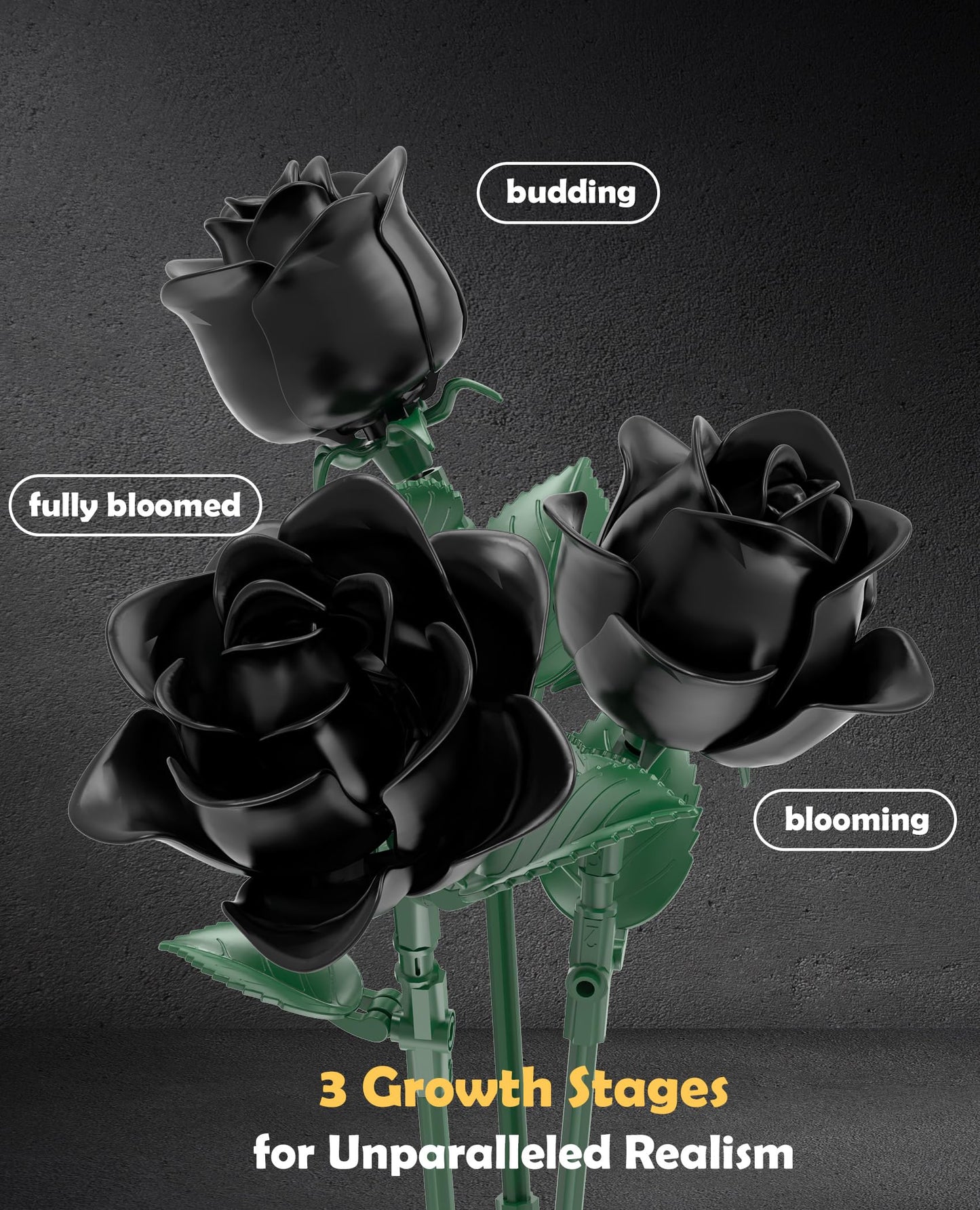 BeepZipp Black Roses Flower Bouquet Building Blocks Set, Artificial Flowers Blocks Kit Compatible with Lego Flowers, Halloween Decorations for Adults Teens (585PCS)