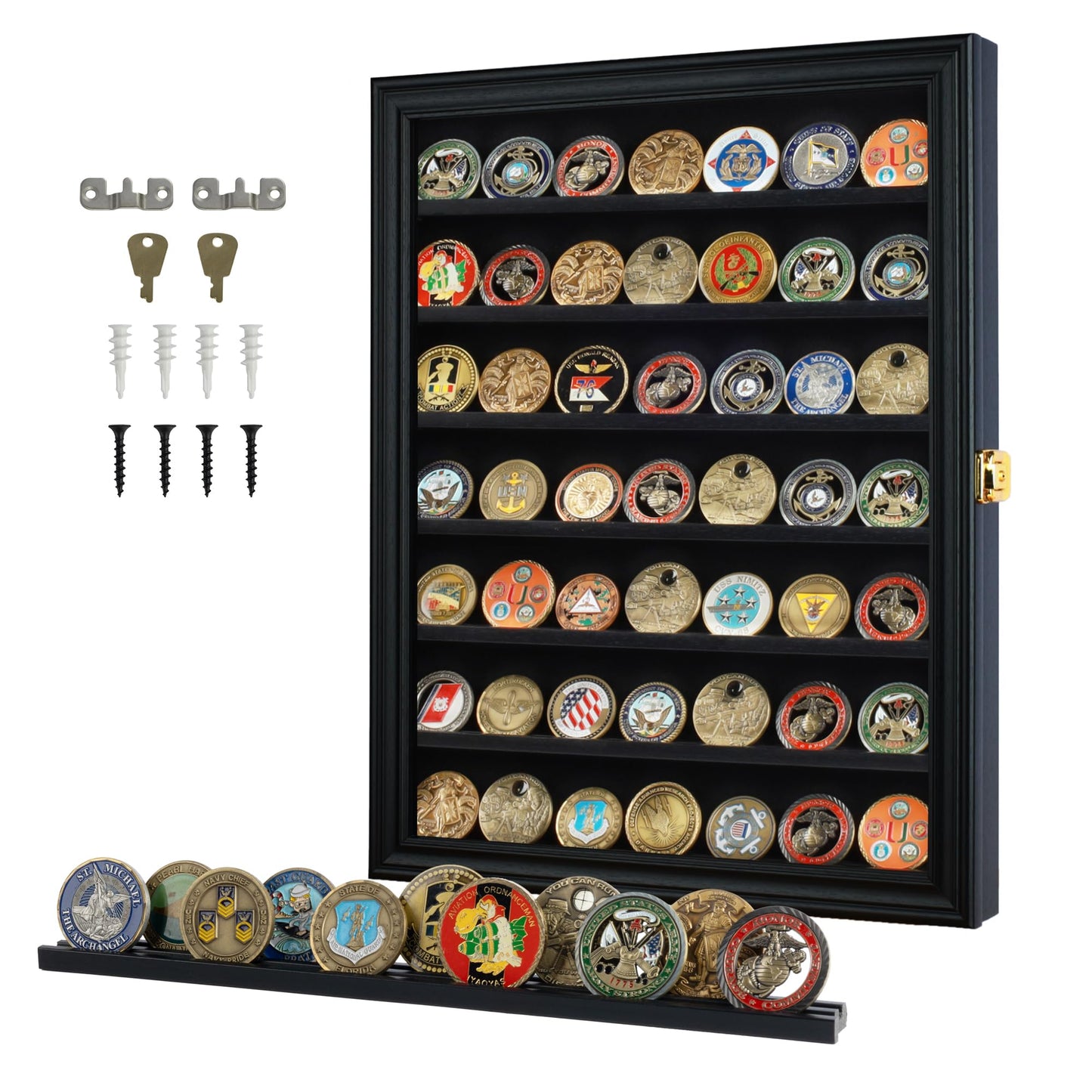 Challenge Coin/Casino Chip Display Case Cabinet Holder Shadow Box, Glass Door, Black (COIN56-BL)
