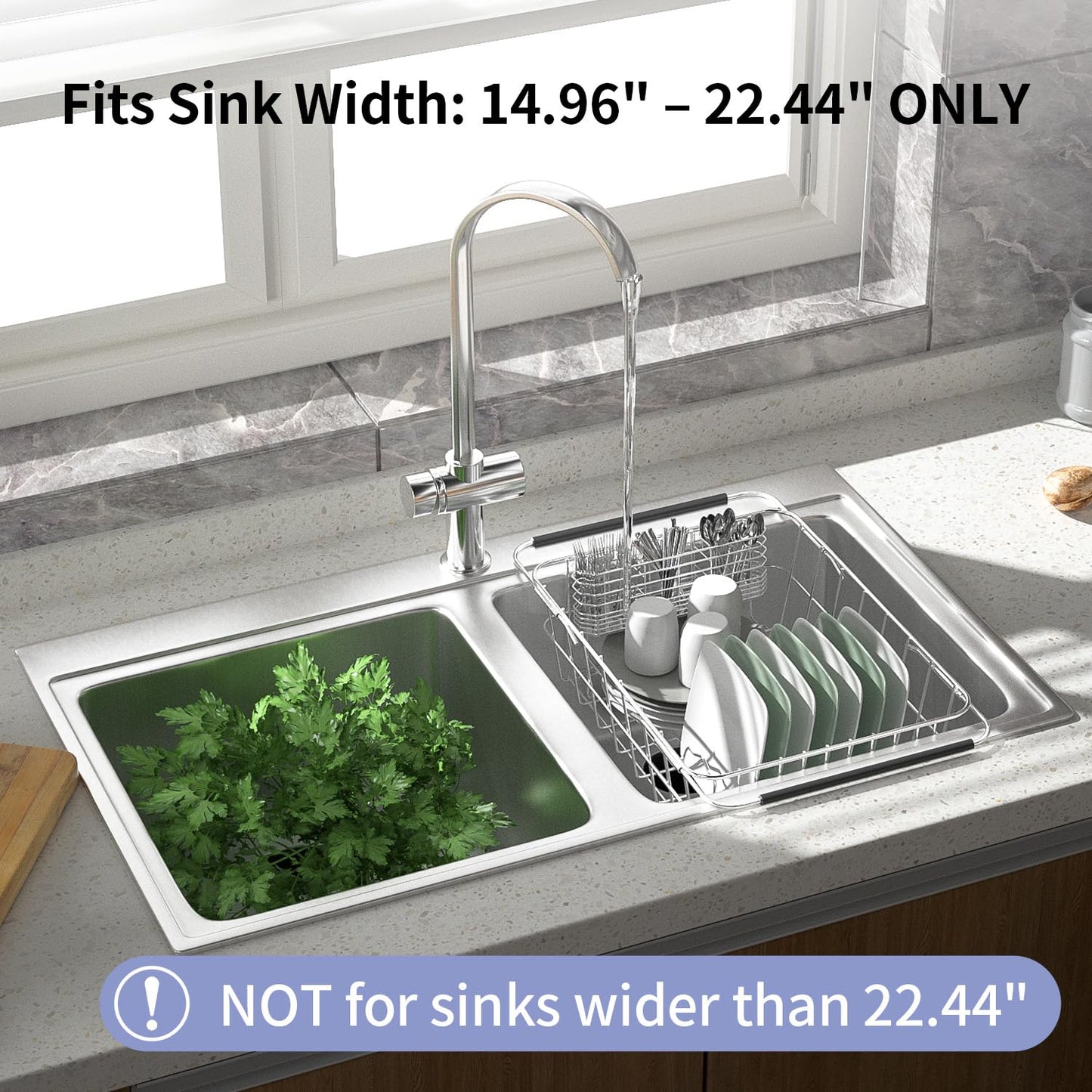 Dish Drainer Rack in Sink Adjustable 13.98" to 21.06", Expandable Stainless Steel Metal Dish Drying Rack Organizer Shelves with Stainless Steel Utensil Holder Over Sink Counter