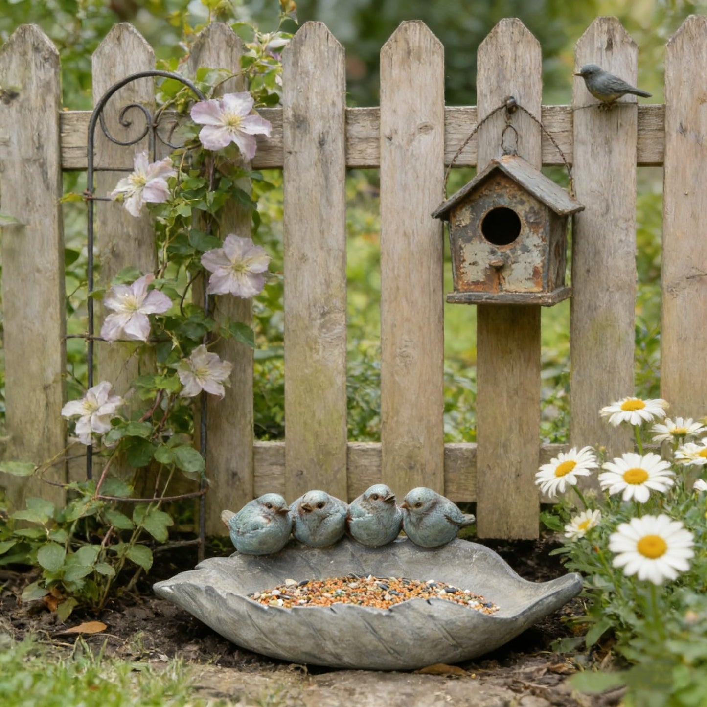 Bird-Feeder Wild Bird-Bath Bowl Outdoors - Garden Decor Polyresin Birds on Leaf 12.4 * 7.5 * 4.1 Inch-Newman House Studio