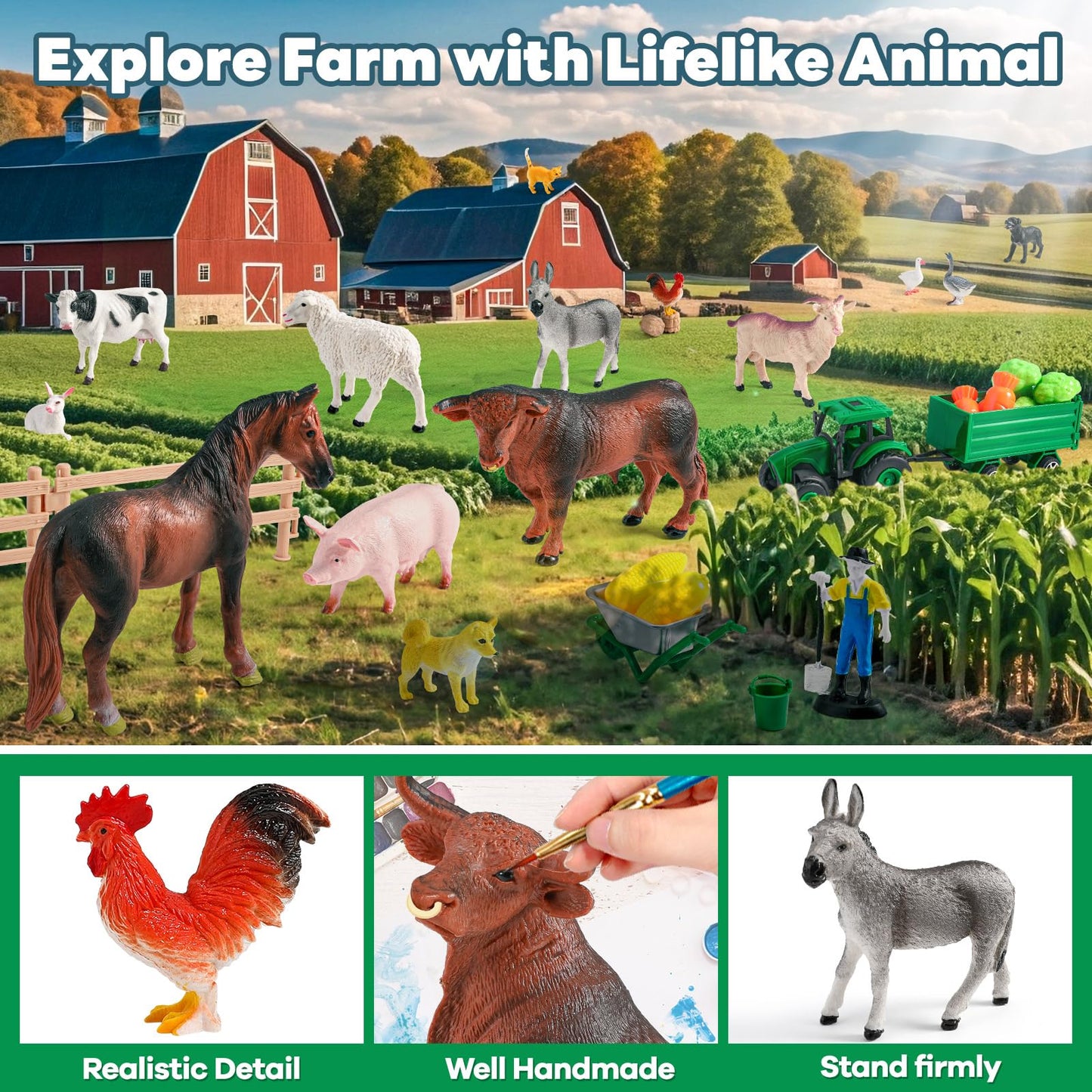 WAIIW Farm Animal Toys for Toddlers,38 PCS Realistic Animal Figurines Toys with 47.2”x31.4”Large Activity Play Mat and Tractor Toy,Farm Playset Educational Learning Toys for Toddlers Kids 3-5