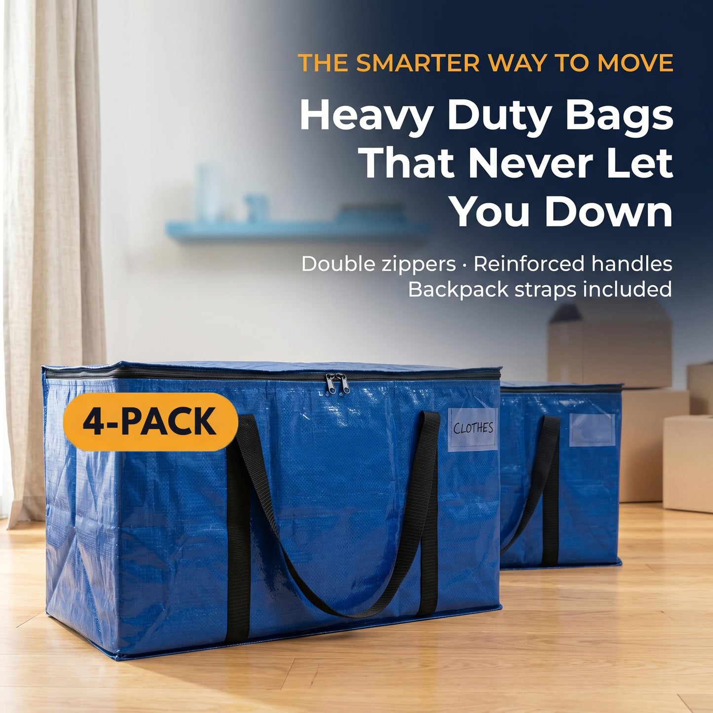 ClearSpace Heavy Duty Storage Bag - Large Moving Boxes with Backpack Straps, Zippers & Handles - Perfect for Traveling, Camping, Christmas Decorations, 4 Pack