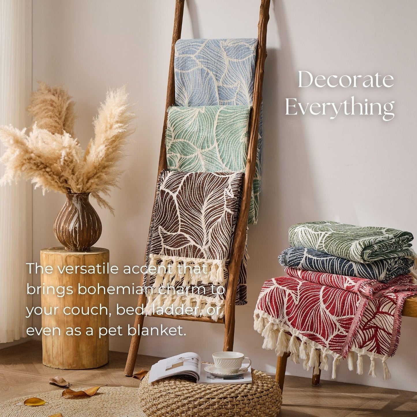 DOWN HOME Chenille Cotton Throw Blanket for Couch, Lightweight Boho Blanket for Bed Sofa Chair Living Room Outdoor Soft Woven Decorative Blanket with Tassel Gift Blue Leaves 55"x60"