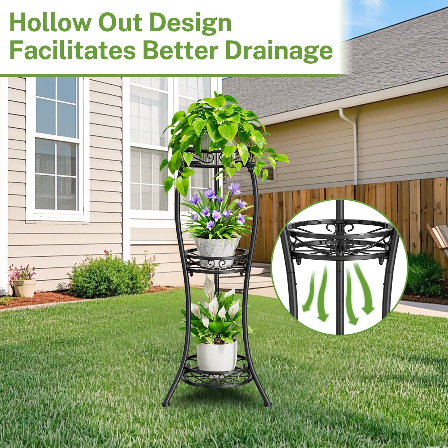 iDavosic.ly 3 Tier Tall Plant Stands Indoor Outdoor, Metal Corner Plant Stand Clearance, 34 Inch Single Flower Plant Pot Holder, Black