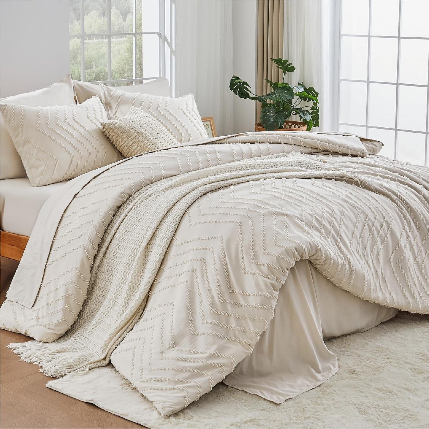Andency Comforter Queen Size with Sheets Beige，7 Pieces Bed in a Bag Queen Cream Chevron Boho Soft Warm Tufted Neutral Bedding Sets with Comforter, Sheets, Pillowcases & Shams