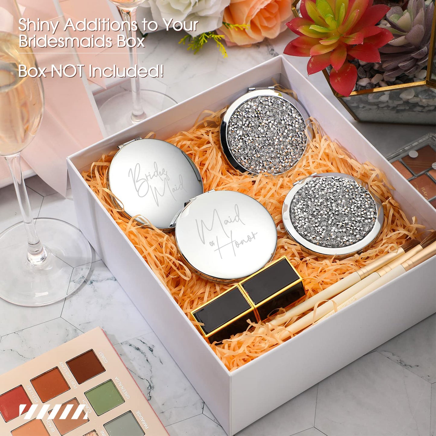 Roowest 8 Pcs Bridesmaid Proposal Gifts Set Bridesmaid Compact Mirrors Magnifying Makeup Double Sided for Purse Pocket for Women Wedding Bridal Shower Gifts Party Favors(Silver, White)