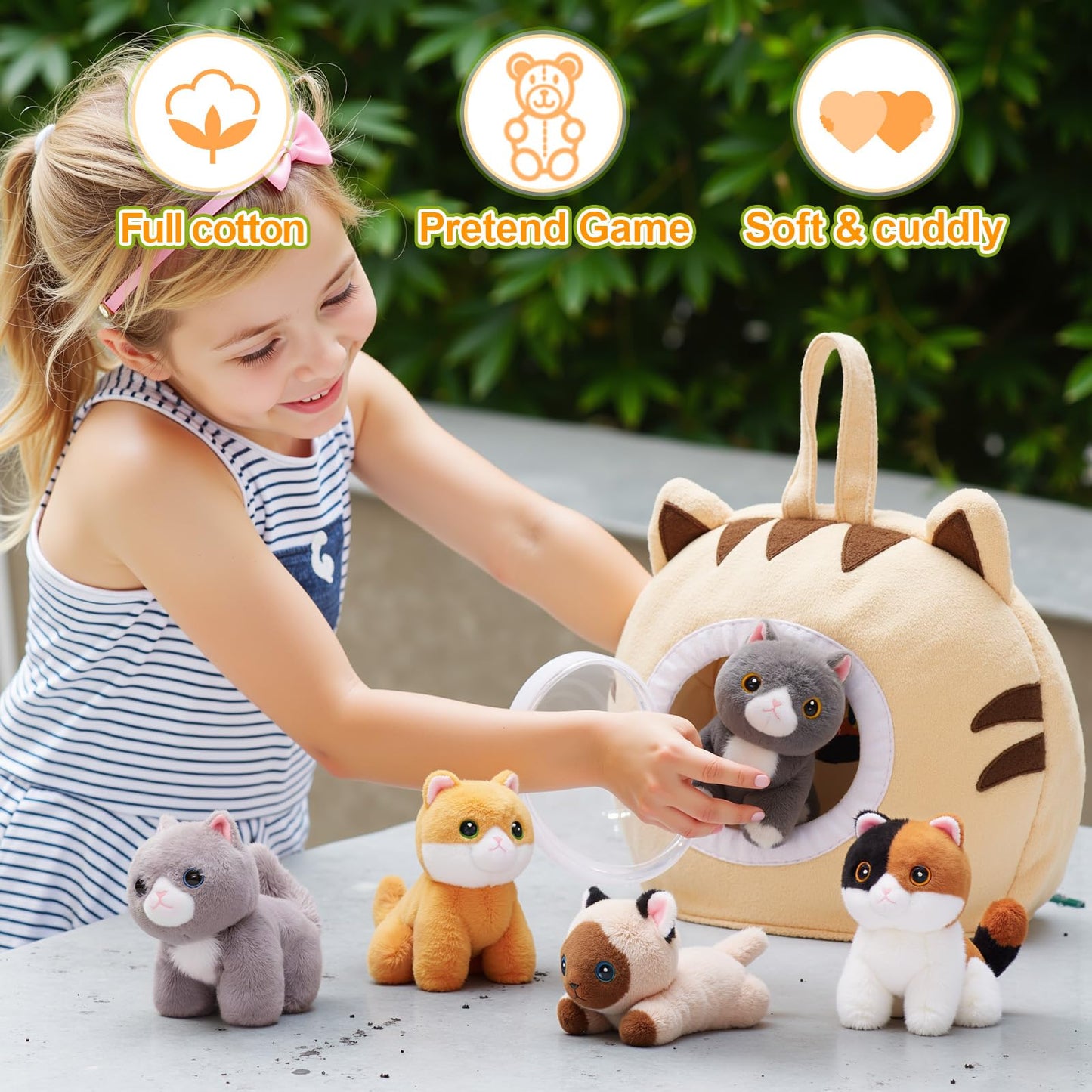OUOZZZ Cat Stuffed Animal House – Plush Kitten Toy Set with 4 Soft Cats – Interactive & Travel-Friendly Playset for Toddlers & Kids – Huggable, Portable Birthday for Baby