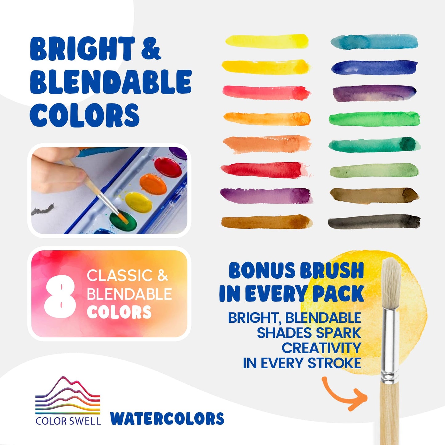 Color Swell Washable Bulk Watercolors Paint, 18 pack, 8 Colors, Wood Brush, Classroom Bulk Paint Pack - Bulk Watercolors