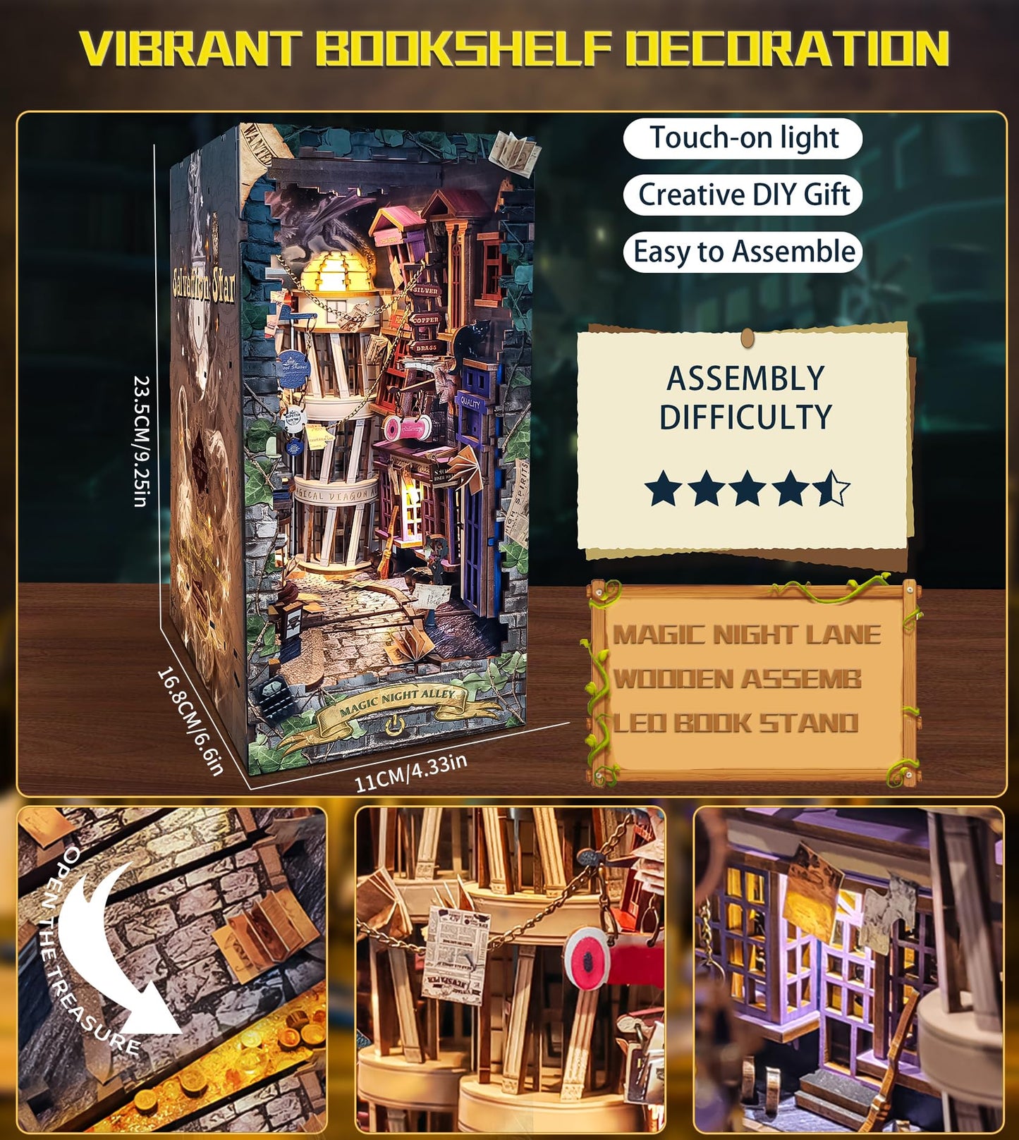 Spilay DIY Book Nook Kit,DIY Dollhouse Booknook Bookshelf Insert Decor Alley,Bookends Model Build kit with LED Light,Handmade Crafts Gifts for Birthday (Magical Night Alley with Dust Cover LED)
