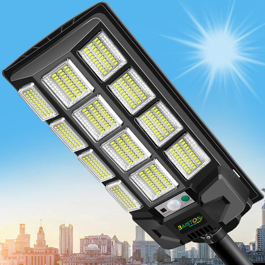 Baiston Solar Street Lights Outdoor: Dusk to Dawn Solar Parking Lot Lights with 3 Modes Motion Sensor Remote Control, 6500K 360 Leds Commercial Solar Lights for Outside, Backyard, Garage, Garden,1Pack