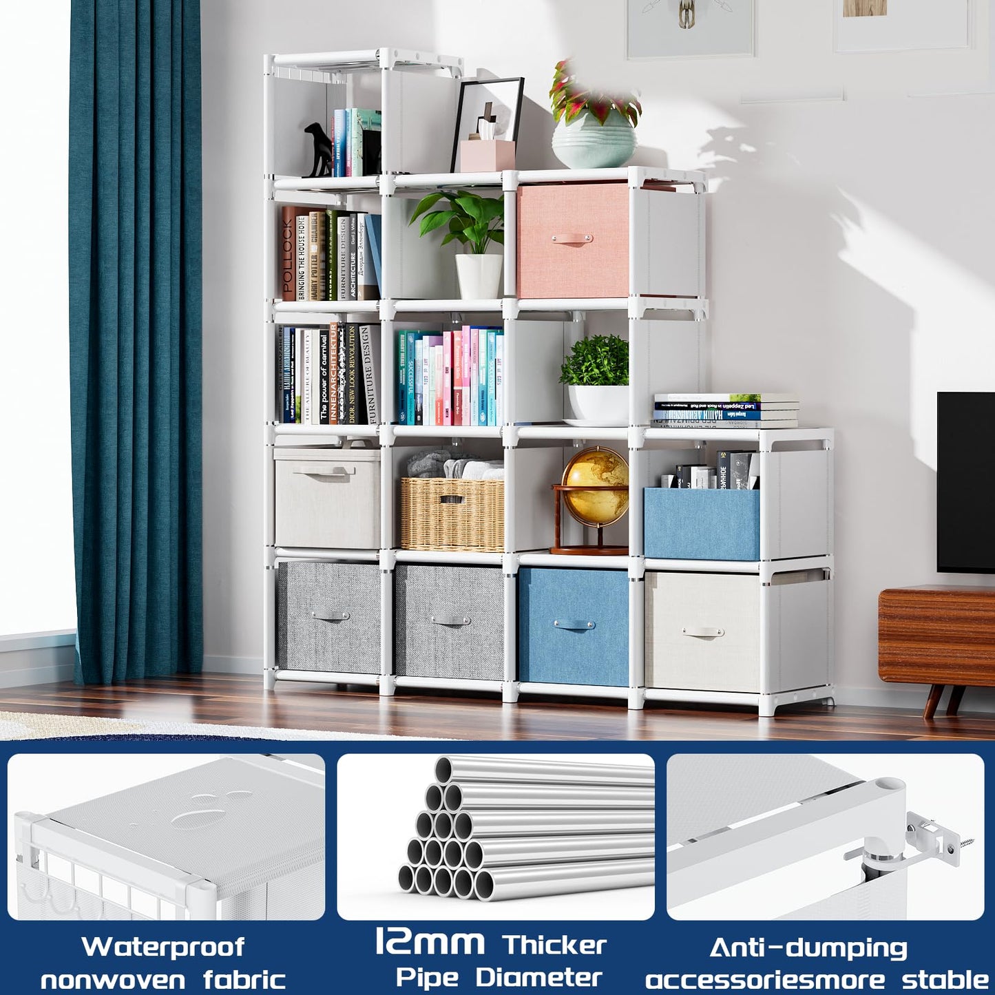 Mavivegue Book Shelf, Storage Organizer, DIY Bookcase, Metal Bookshelf, Display Shelf, Tall Bookcase for Bedroom, Living Room,Office,Closet - 16 Cube, White
