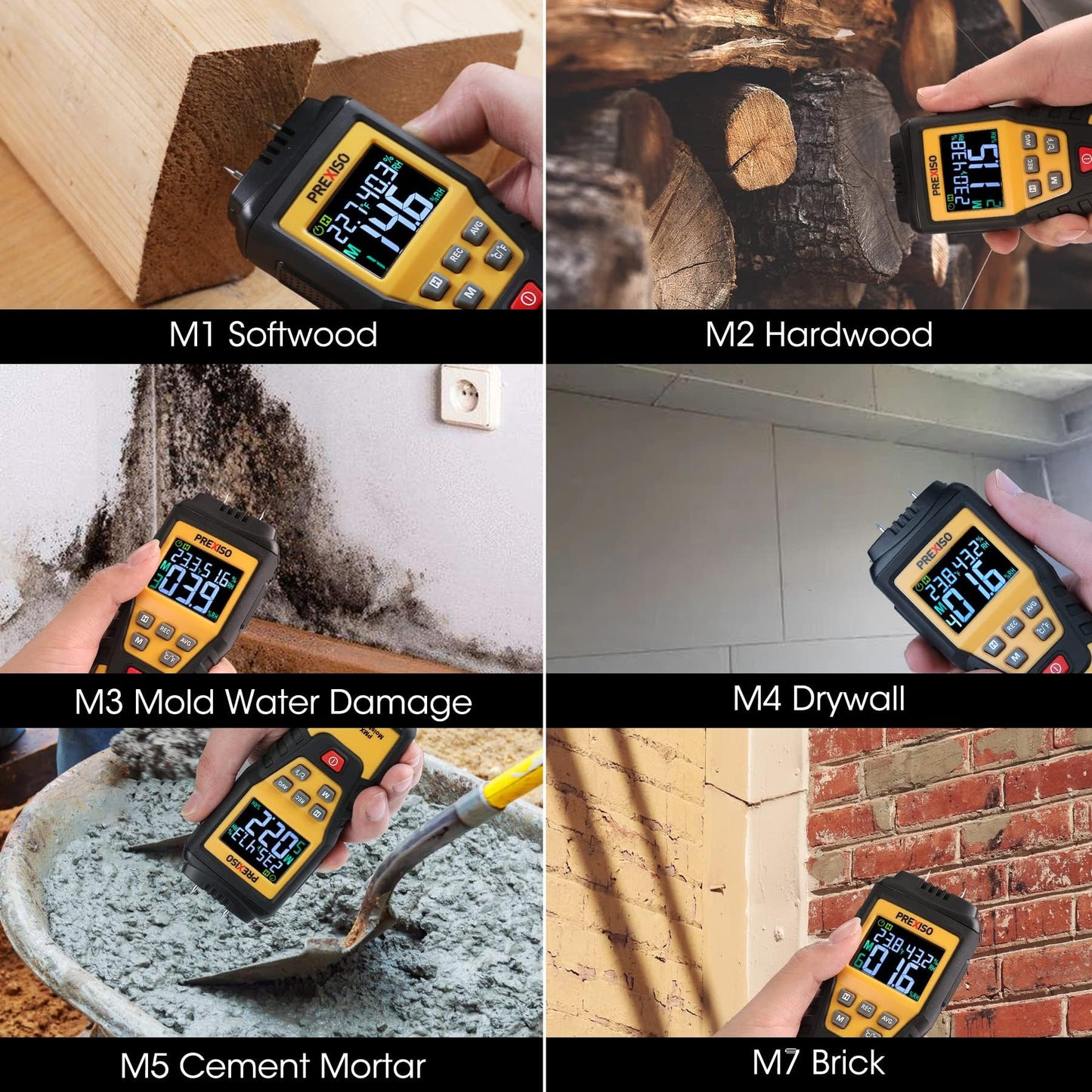 PREXISO Wood Moisture Meter, 7 in 1 Digital Humidity Detector for Lumber, Firewood, Walls, Drywall, Floor, Water Leak Detector, High-Precision Pin Moisture Meter