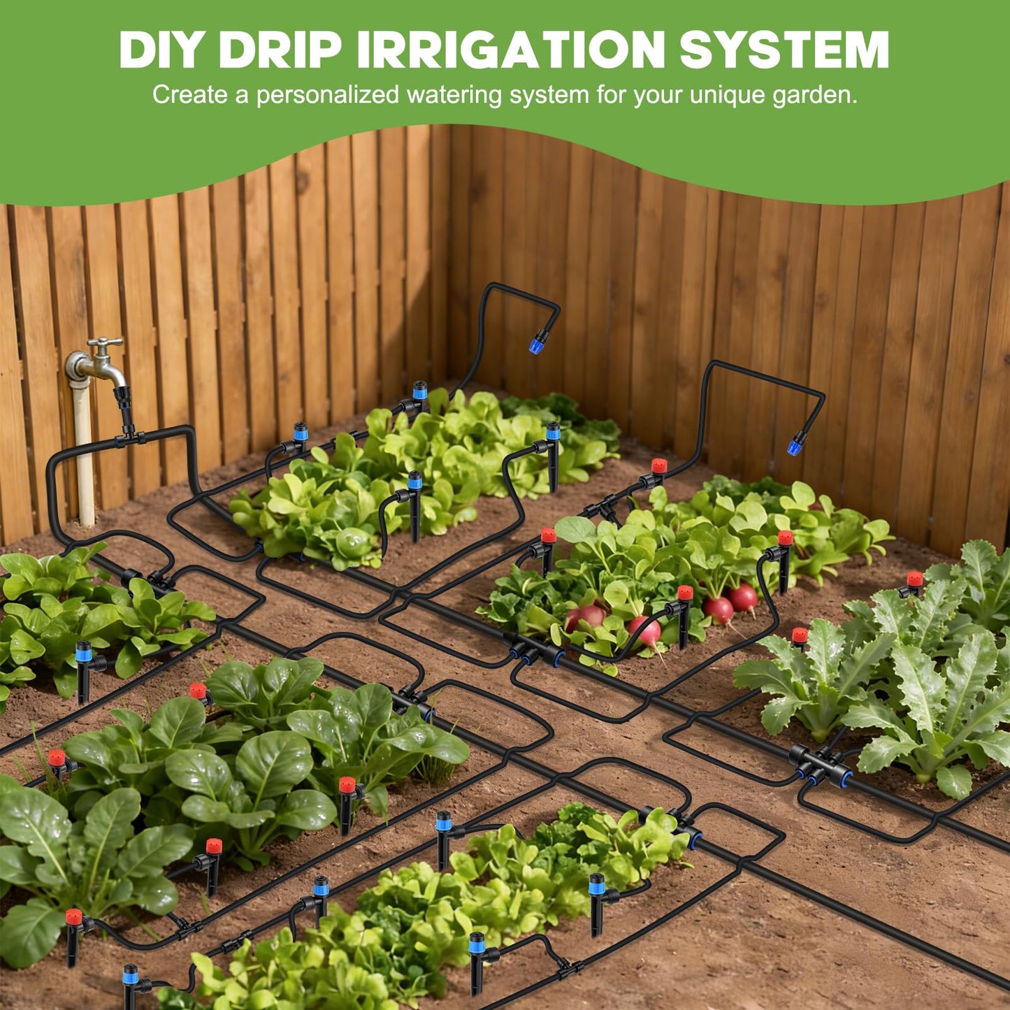 Snowtaros 240FT Quick-Connect Drip Irrigation System, Automatic Garden Watering System Kit with 1/2" & 1/4" Fast-Lock Fittings, Adjustable Sprinklers for Raised Beds, Garden, Greenhouse, Lawn
