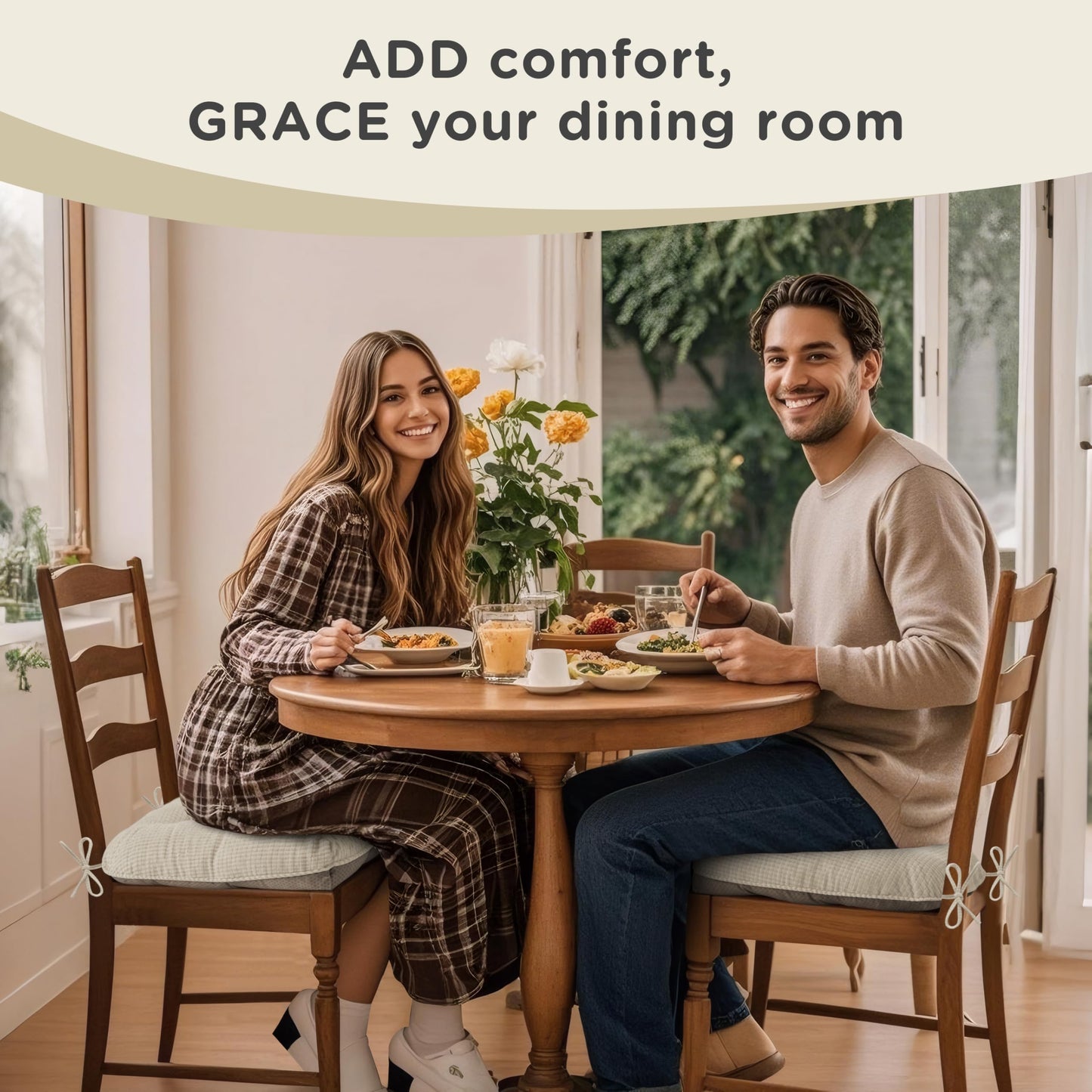 AddGrace Dining Chair Cushions Set of 4 Non-Slip Bottom Kitchen Chair Pads with Ties for Indoor Kitchen Furniture Comfy Soft Seat Cushions for Dining Room 18 x 16 x 3inch Cream