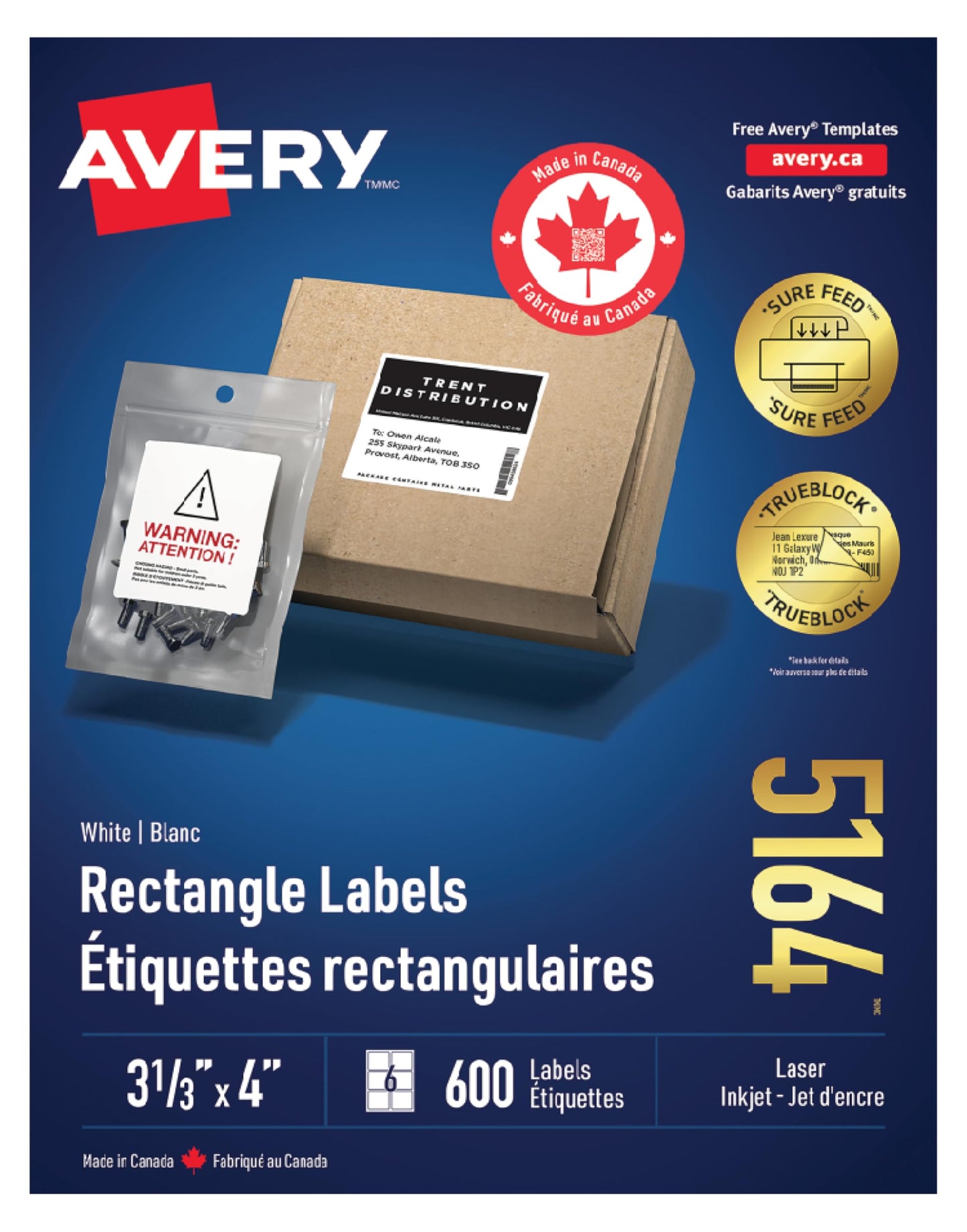 Avery TrueBlock Shipping Labels for Inkjet/Laser Printers, 3⅓" x 4", White, Rectangle, 600 Labels, Permanent (5164) Made in Canada