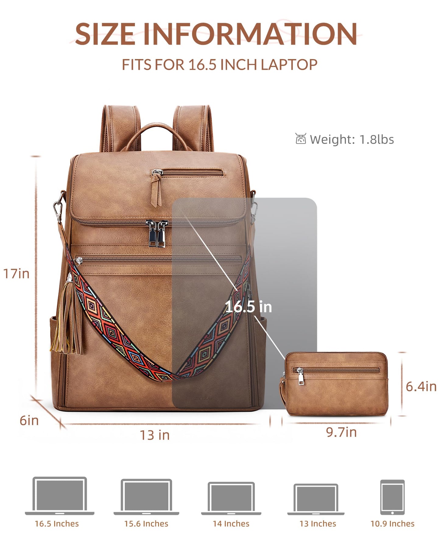 SYTRAH Leather Laptop Backpack for Women Designer Laptop Bag, 16.5 inch Travel Computer Backpacks Purse with Tassel for Work Business Brown