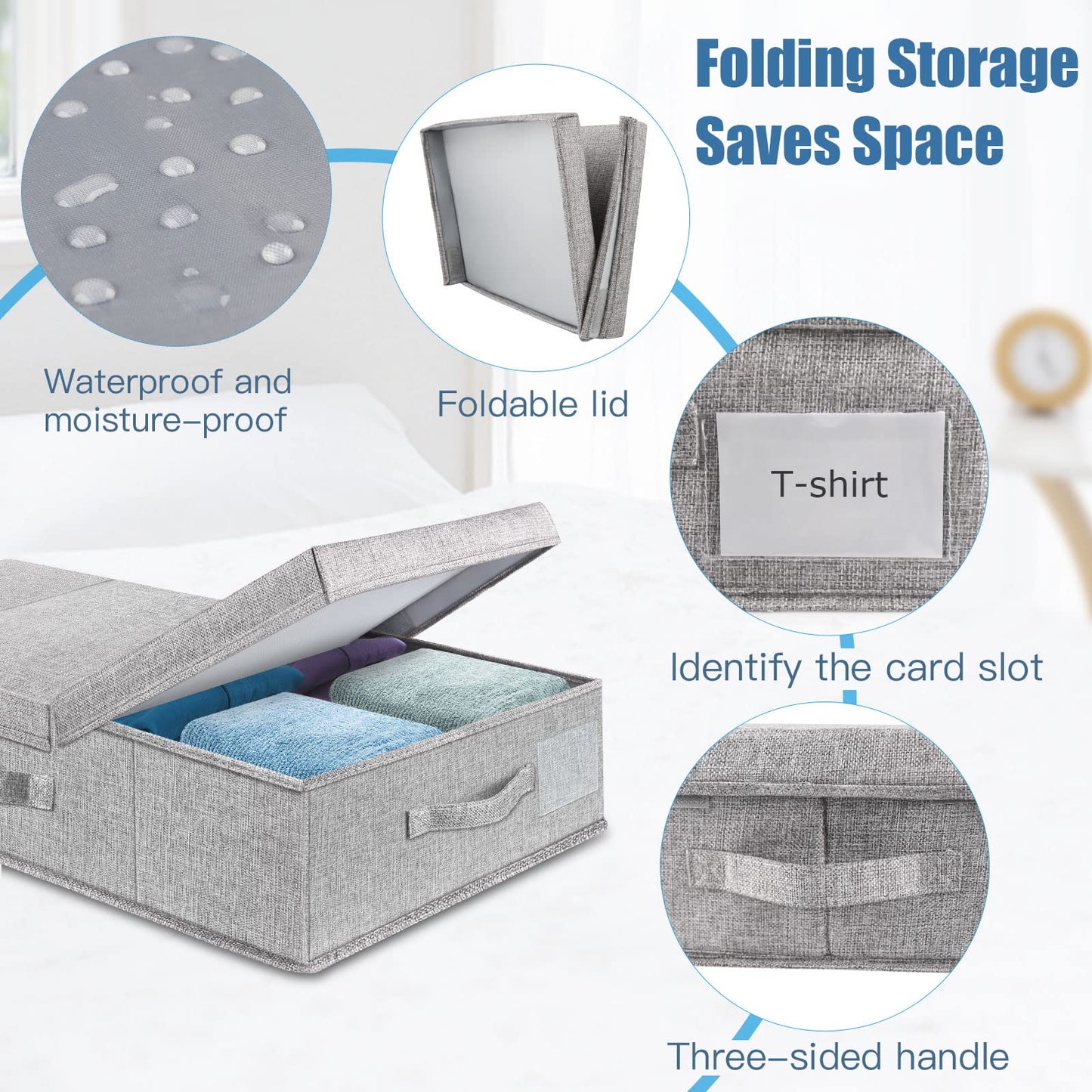 Supowin Underbed Storage Containers Bin with Lids (Set of 2) Large Under Bed Storage Organizer Box with Handle, Foldable Sturdy Under The Bed Storage Bags for Organizing Clothes, Shoes, Blankets, Pillows-Grey