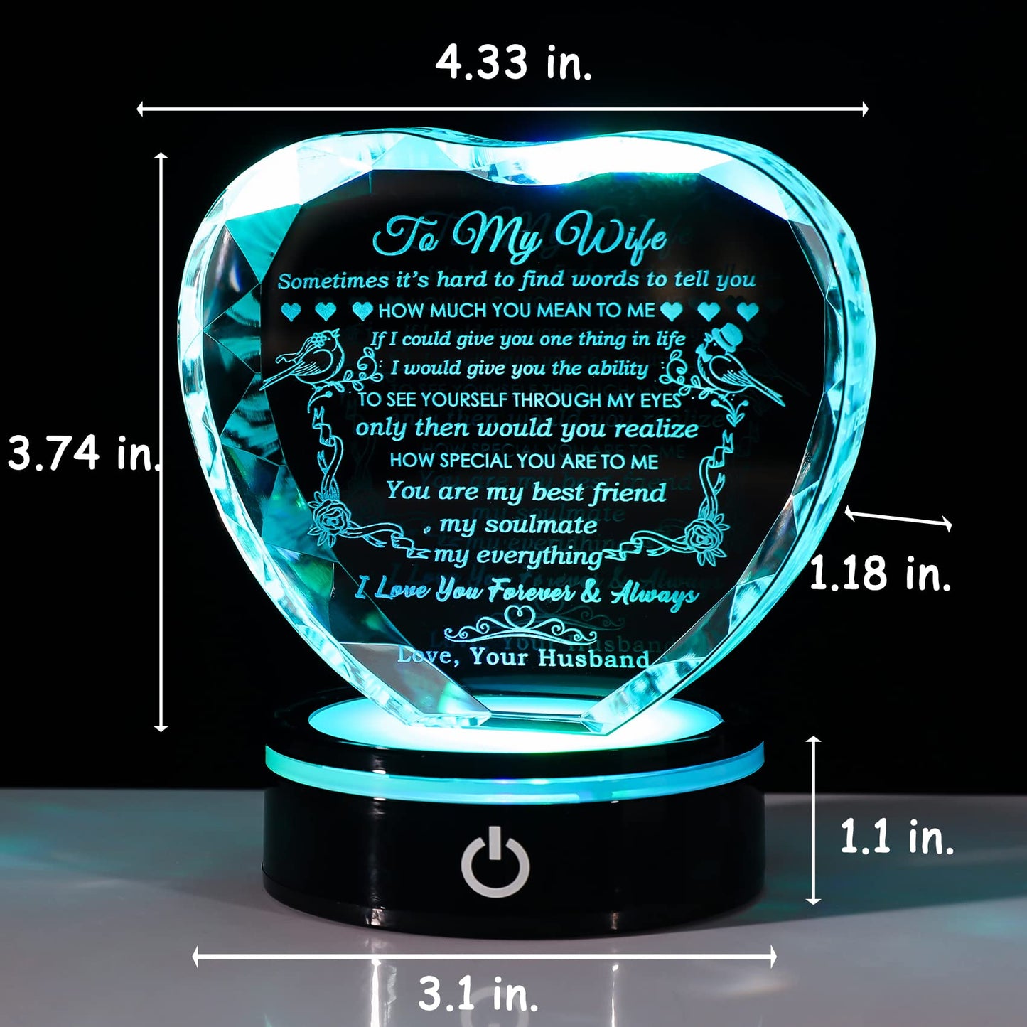 YWHL Gifts for Wife: Crystal Heart Keepsakes with LED Base - I Love You Gifts for Her from Husband