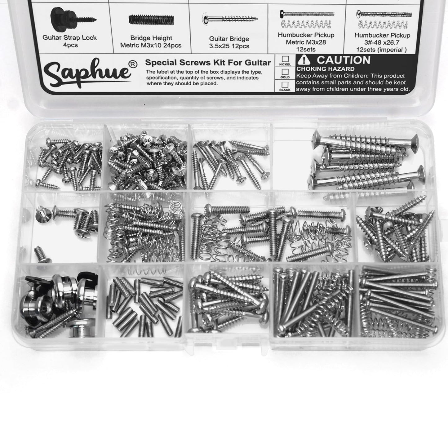 SAPHUE Guitar Screw Kit,201pcs Telecaster Kit, Pickguard Screws， Switch Plate Screws,For Fender/Tele/Strat/Sq,Tuner,Machine Head, Neck Plate,Guitar Strap End Pins,Pickup,Bridge, Guitar Repair Kit