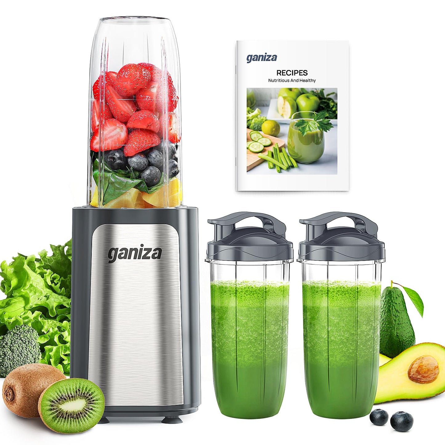 Ganiza Blender for Smoothie, 14 Pcs Smoothie Blender for Kitchen, Countertop Blender with 3 Non-BPA Portable Blender Cup and Cleaning Brush for Baby Food, Shakes, Vegetable, Nutritious Recipe,GREY