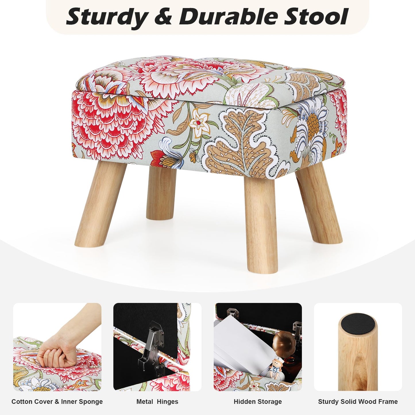 Square Ottoman with Storage Versatile Foot Stool Ottoman Boho Foot Rest with Wood Legs Small Footstools and Ottomans for Living Room and Entryway