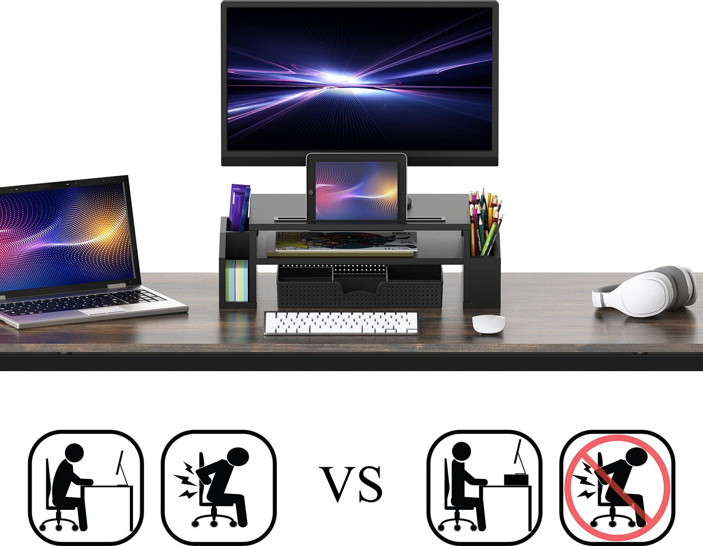 Simple Houseware Computer Desk Monitor Stand Riser with Drawer Organizer Storage, Black